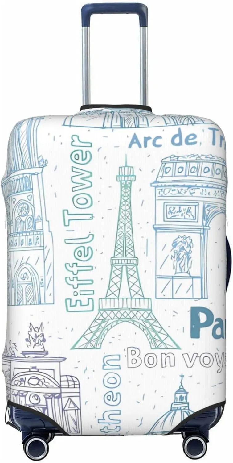 Spandex Travel Luggage Cover Suitcase Protector Bag,Paris Landmarks Eiffel Tower Notre Dust-Proof Fits 18-32 Inch Luggage, Baggage Covers For Kid And Adult,X-Large