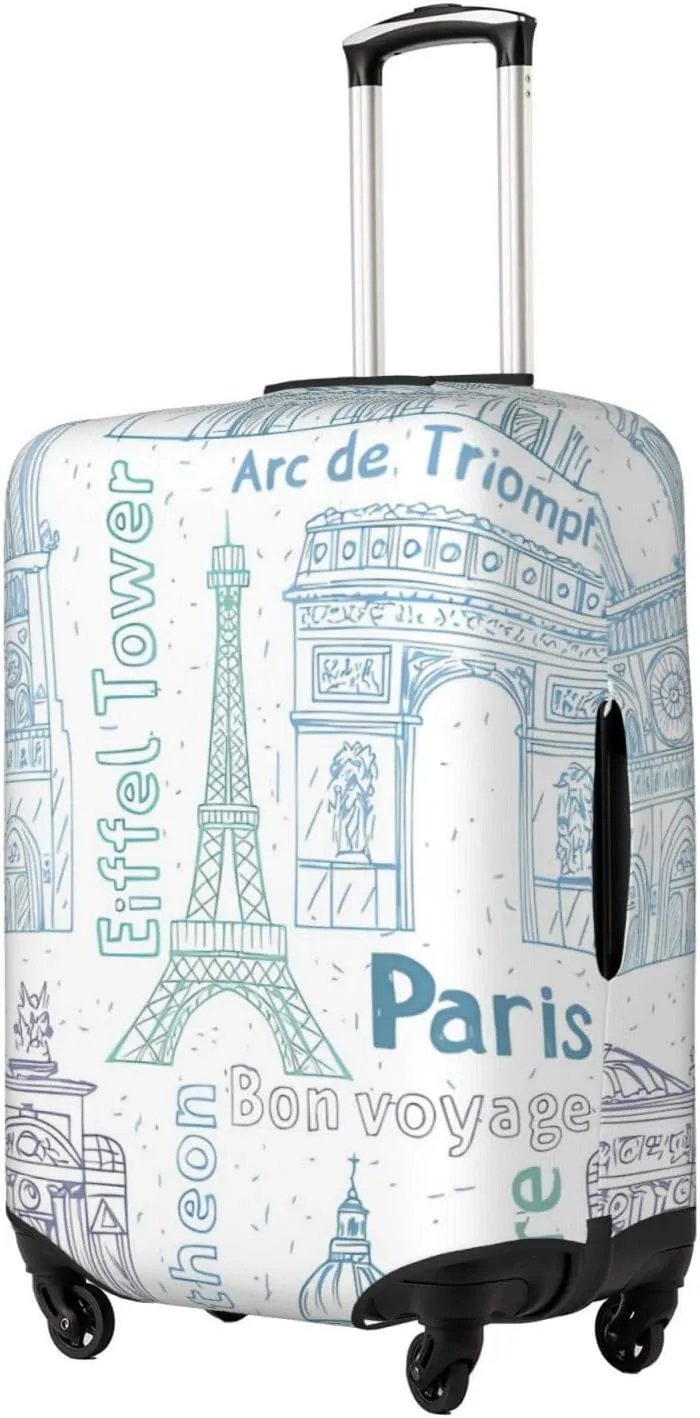 Spandex Travel Luggage Cover Suitcase Protector Bag,Paris Landmarks Eiffel Tower Notre Dust-Proof Fits 18-32 Inch Luggage, Baggage Covers For Kid And Adult,X-Large