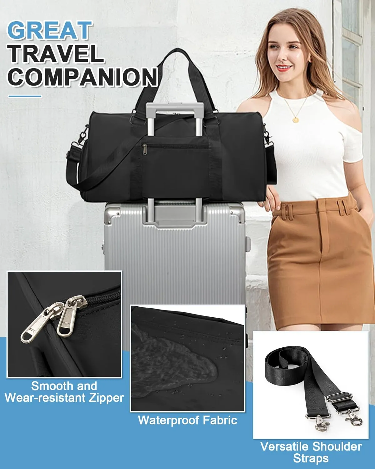 Sports Gym Bag for Women Men, Travel Duffle Bag Personal Item Travel Bag for Airplane, Waterproof Weekender Bag Carry On Tote Bags Overnight Bag with Shoes Compartment and Wet Pocket, Black