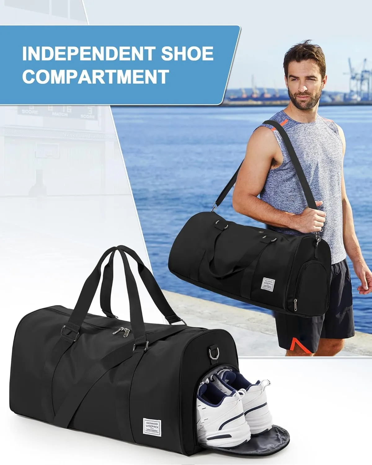 Sports Gym Bag for Women Men, Travel Duffle Bag Personal Item Travel Bag for Airplane, Waterproof Weekender Bag Carry On Tote Bags Overnight Bag with Shoes Compartment and Wet Pocket, Black