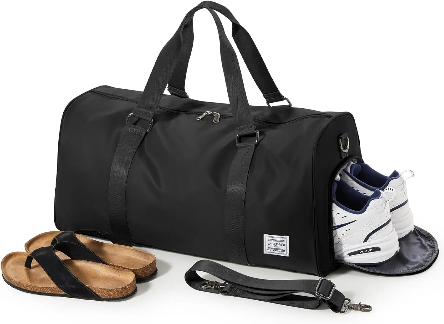 Sports Gym Bag for Women Men, Travel Duffle Bag Personal Item Travel Bag for Airplane, Waterproof Weekender Bag Carry On Tote Bags Overnight Bag with Shoes Compartment and Wet Pocket, Black