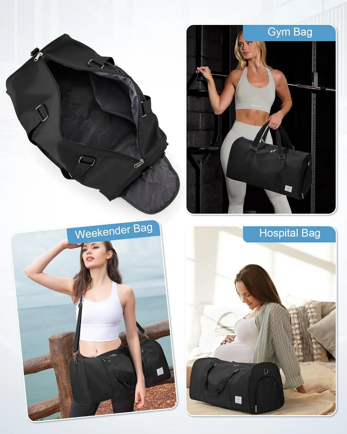 Sports Gym Bag for Women Men, Travel Duffle Bag Personal Item Travel Bag for Airplane, Waterproof Weekender Bag Carry On Tote Bags Overnight Bag with Shoes Compartment and Wet Pocket, Black