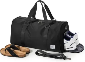 Sports Gym Bag for Women Men, Travel Duffle Bag Personal Item Travel Bag for Airplane, Waterproof Weekender Bag Carry On Tote Bags Overnight Bag with Shoes Compartment and Wet Pocket, Black