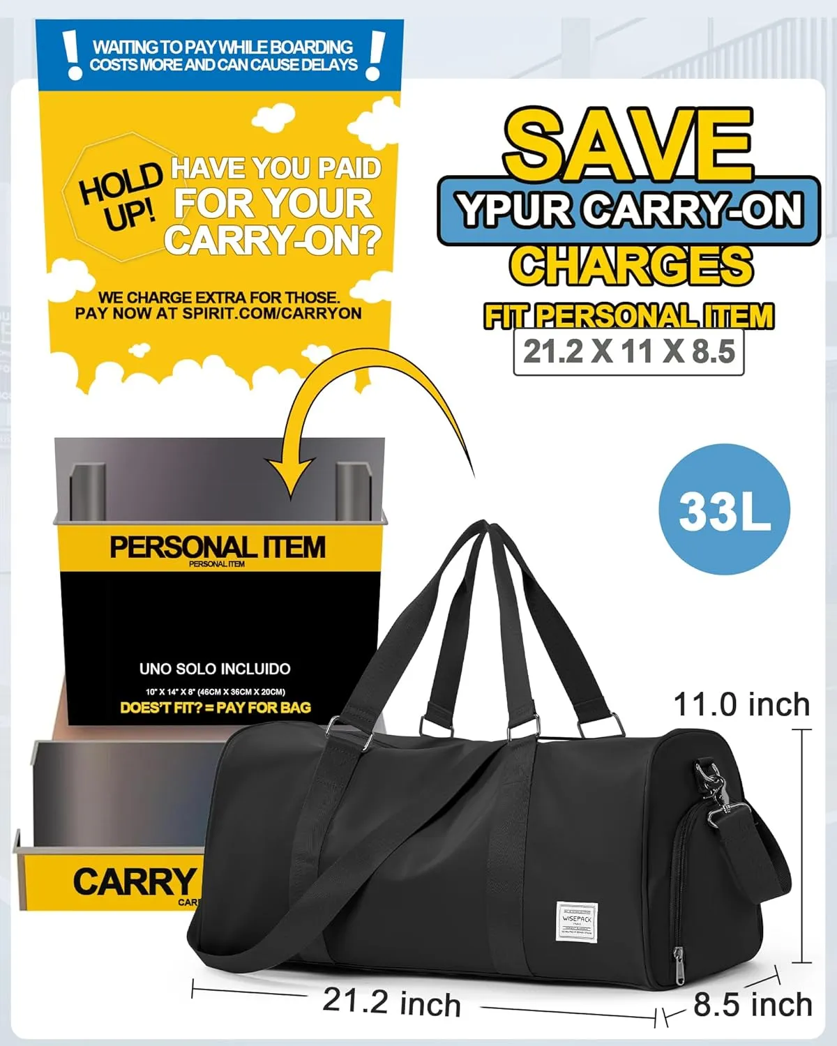 Sports Gym Bag for Women Men, Travel Duffle Bag Personal Item Travel Bag for Airplane, Waterproof Weekender Bag Carry On Tote Bags Overnight Bag with Shoes Compartment and Wet Pocket, Black