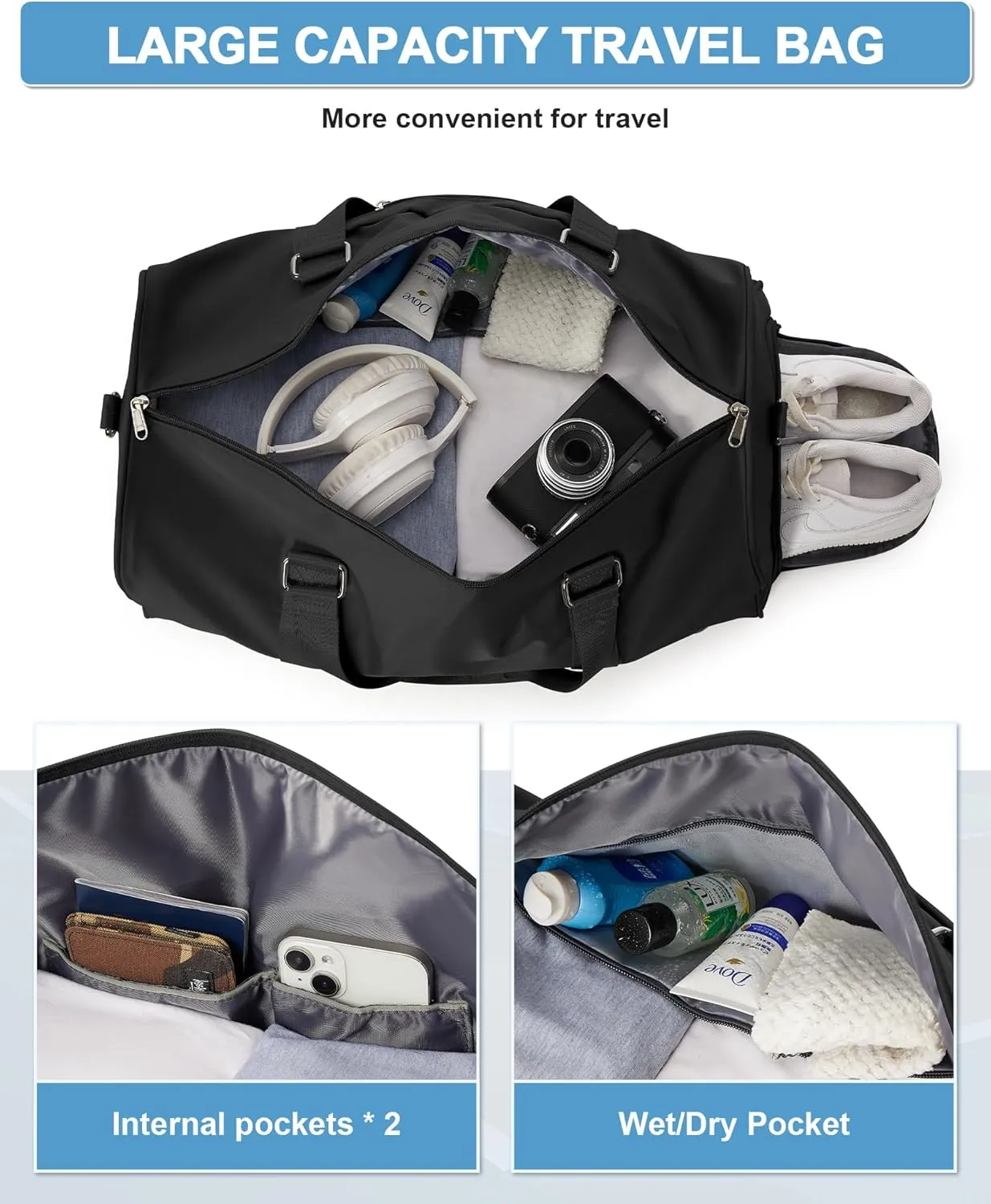 Sports Gym Bag for Women Men, Travel Duffle Bag Personal Item Travel Bag for Airplane, Waterproof Weekender Bag Carry On Tote Bags Overnight Bag with Shoes Compartment and Wet Pocket, Black