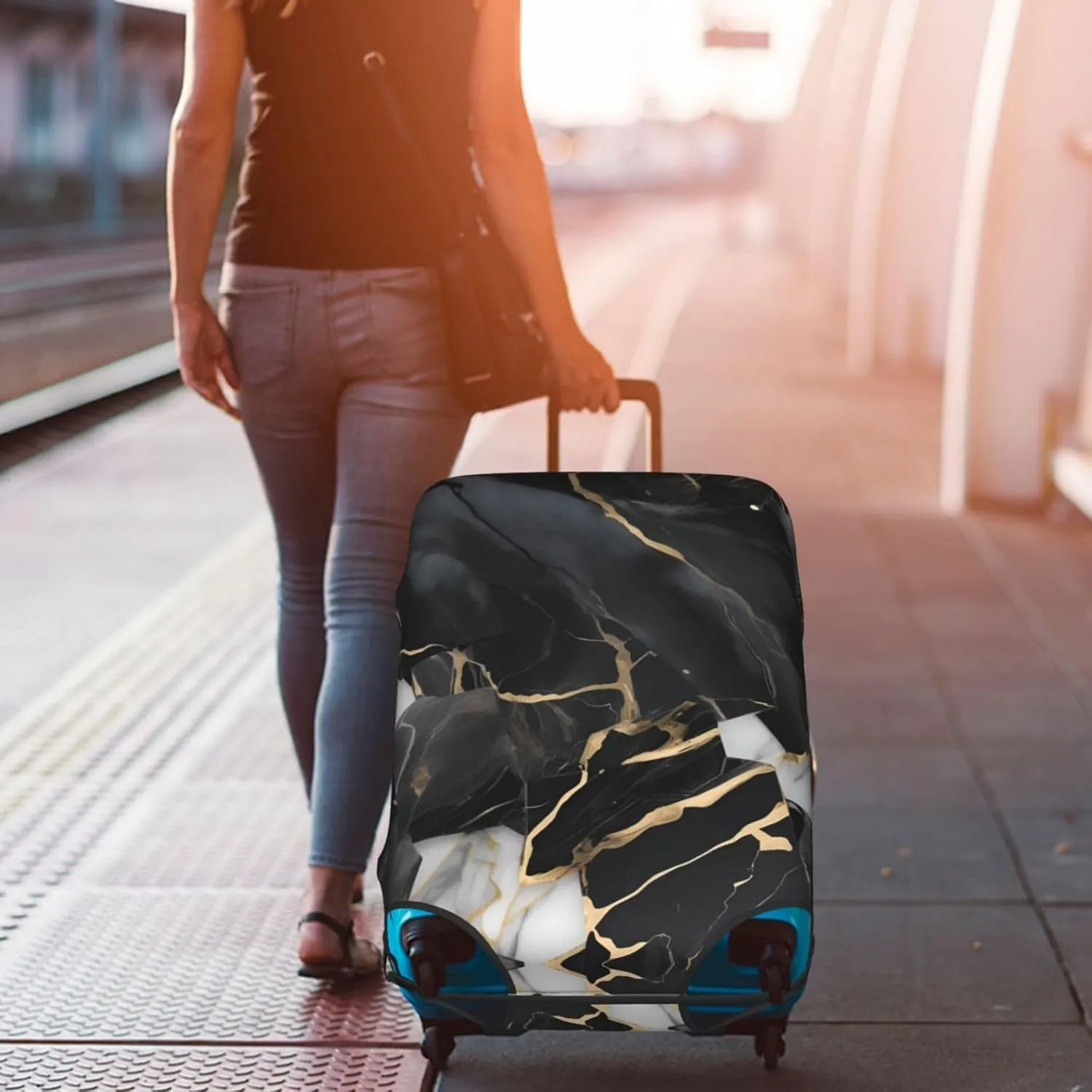 SSIMOO Light Black Marble 1 Stylish Luggage Cover,Experience Of Style And Functionality,Perfect Travel Companion