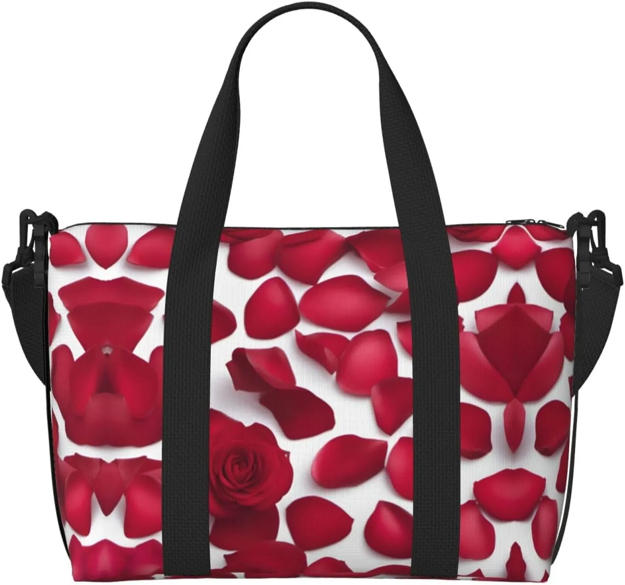 SSIMOO Red Rose Petals Print Portable Travel Duffel Bag,Ideal For Business And Private Travel, Black