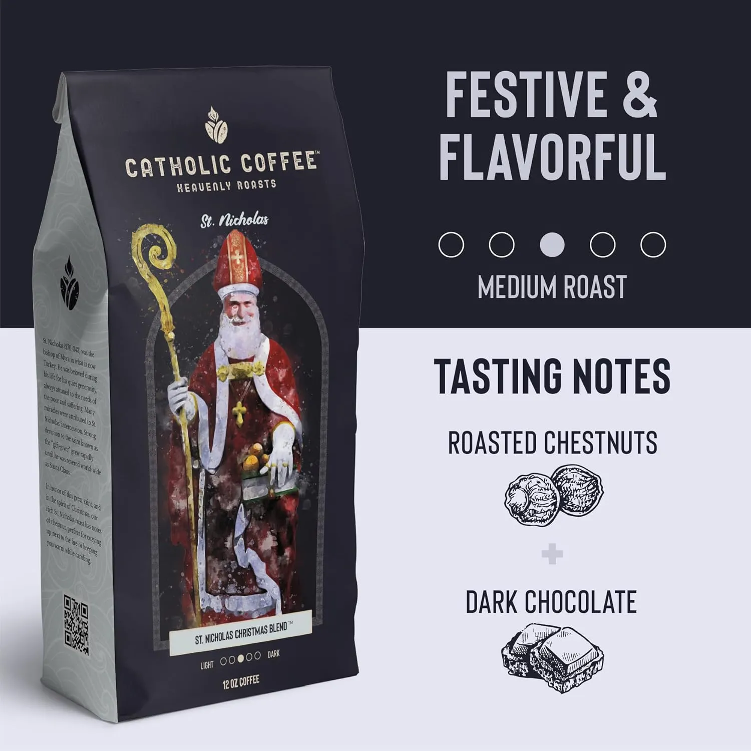 St. Nicholas Christmas Blend (Ground) 12 oz - Small-Batch Craft Coffee, Gift for Catholic Faithful & Coffee Lovers