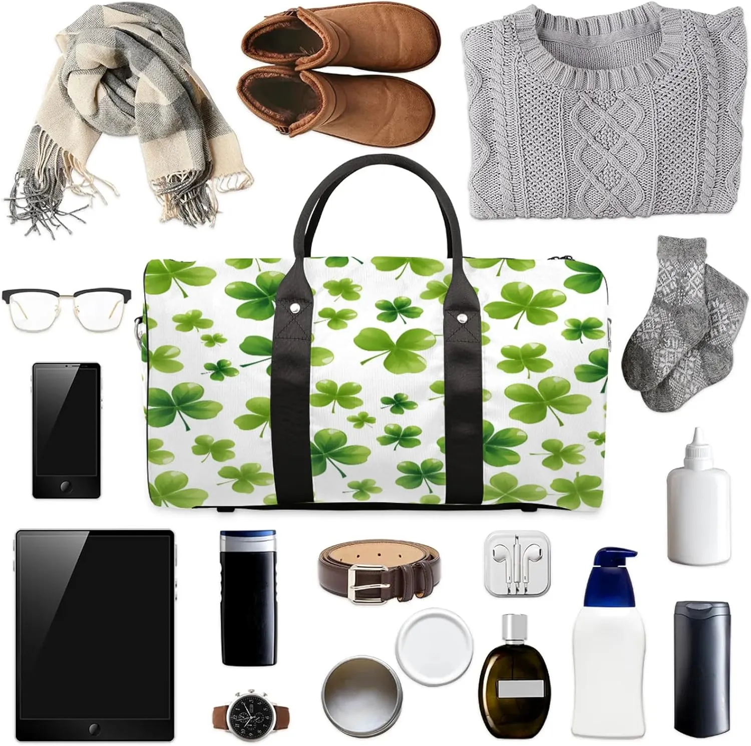 St Patricks Day Lucky Clover Travel Bag for Men Women, Gym Duffle Bags for Travel, Carry On Luggage Bag, Weekender Overnight Workout Bags