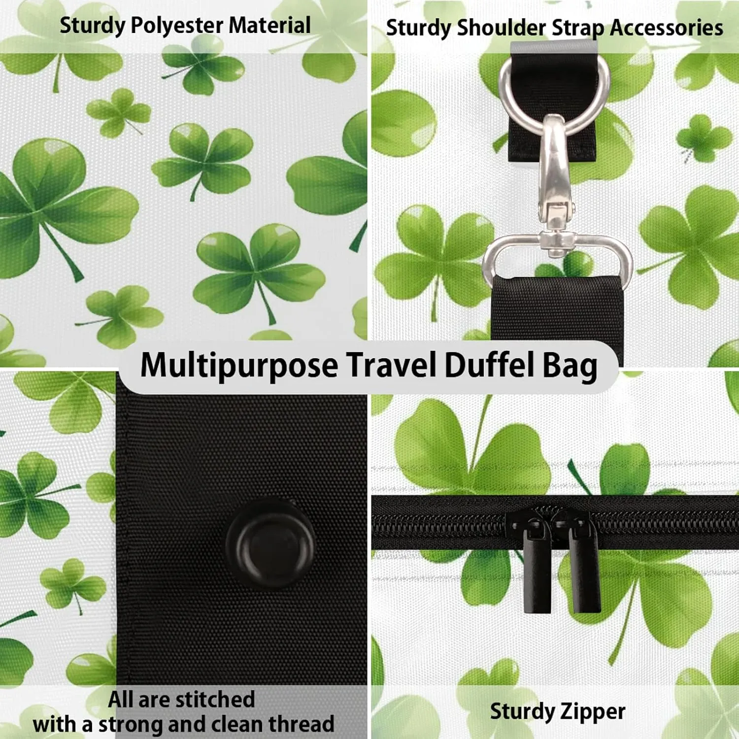 St Patricks Day Lucky Clover Travel Bag for Men Women, Gym Duffle Bags for Travel, Carry On Luggage Bag, Weekender Overnight Workout Bags
