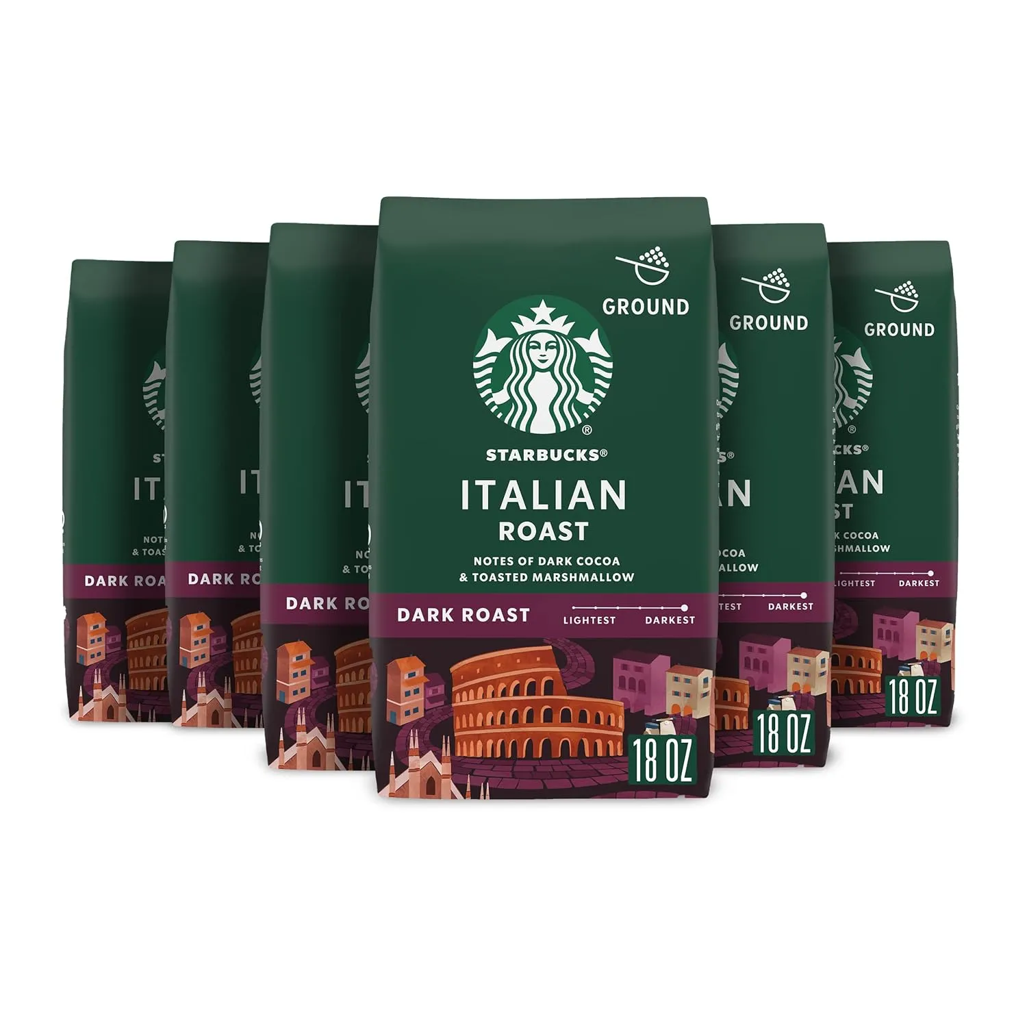 Starbucks Ground Coffee, Dark Roast Coffee, Italian Roast, 100% Arabica, 6 bags (18 oz each)