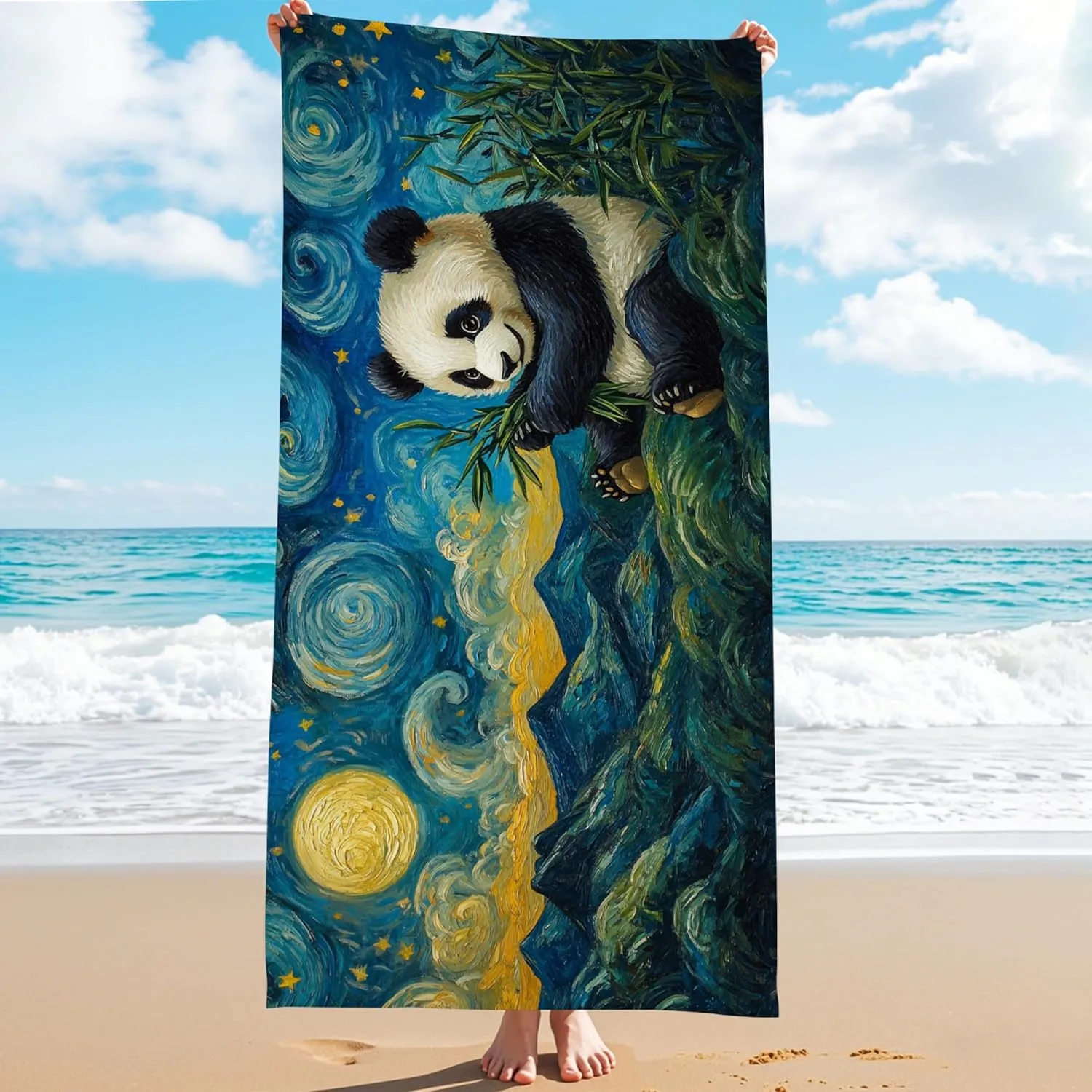 Starry Night Panda Microfiber Beach Towel Soft Plush Sand Free Lightweight Blanket, Quick Dry Absorbent Travel Picnic Essentials, Outdoor Camping Pool Gym 70x35 Inch