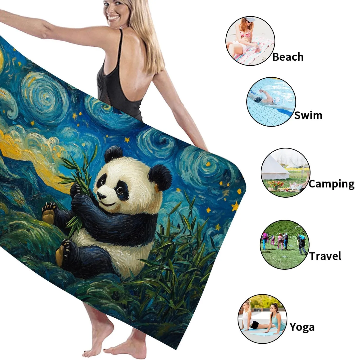 Starry Night Panda Microfiber Beach Towel Soft Plush Sand Free Lightweight Blanket, Quick Dry Absorbent Travel Picnic Essentials, Outdoor Camping Pool Gym 70x35 Inch