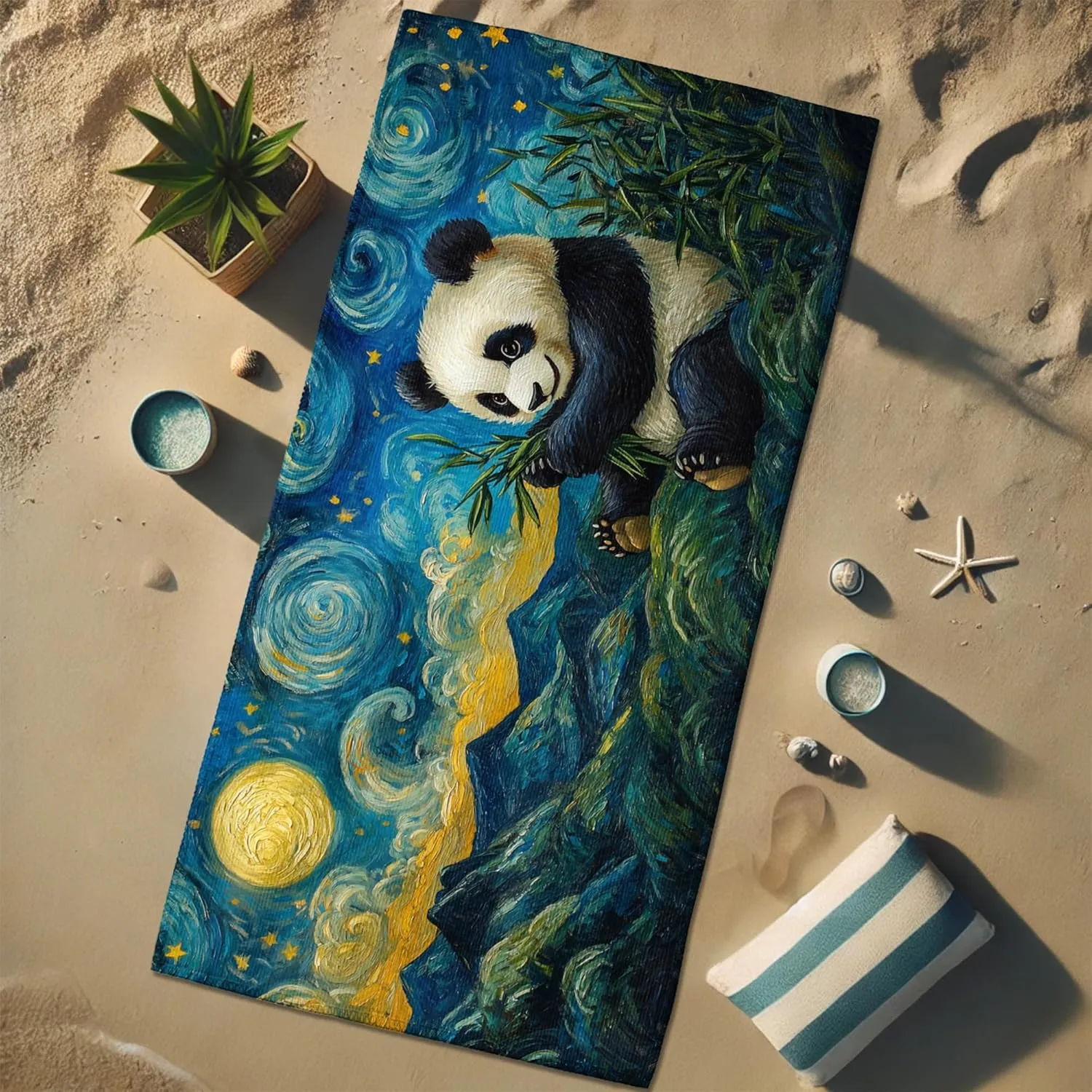 Starry Night Panda Microfiber Beach Towel Soft Plush Sand Free Lightweight Blanket, Quick Dry Absorbent Travel Picnic Essentials, Outdoor Camping Pool Gym 70x35 Inch