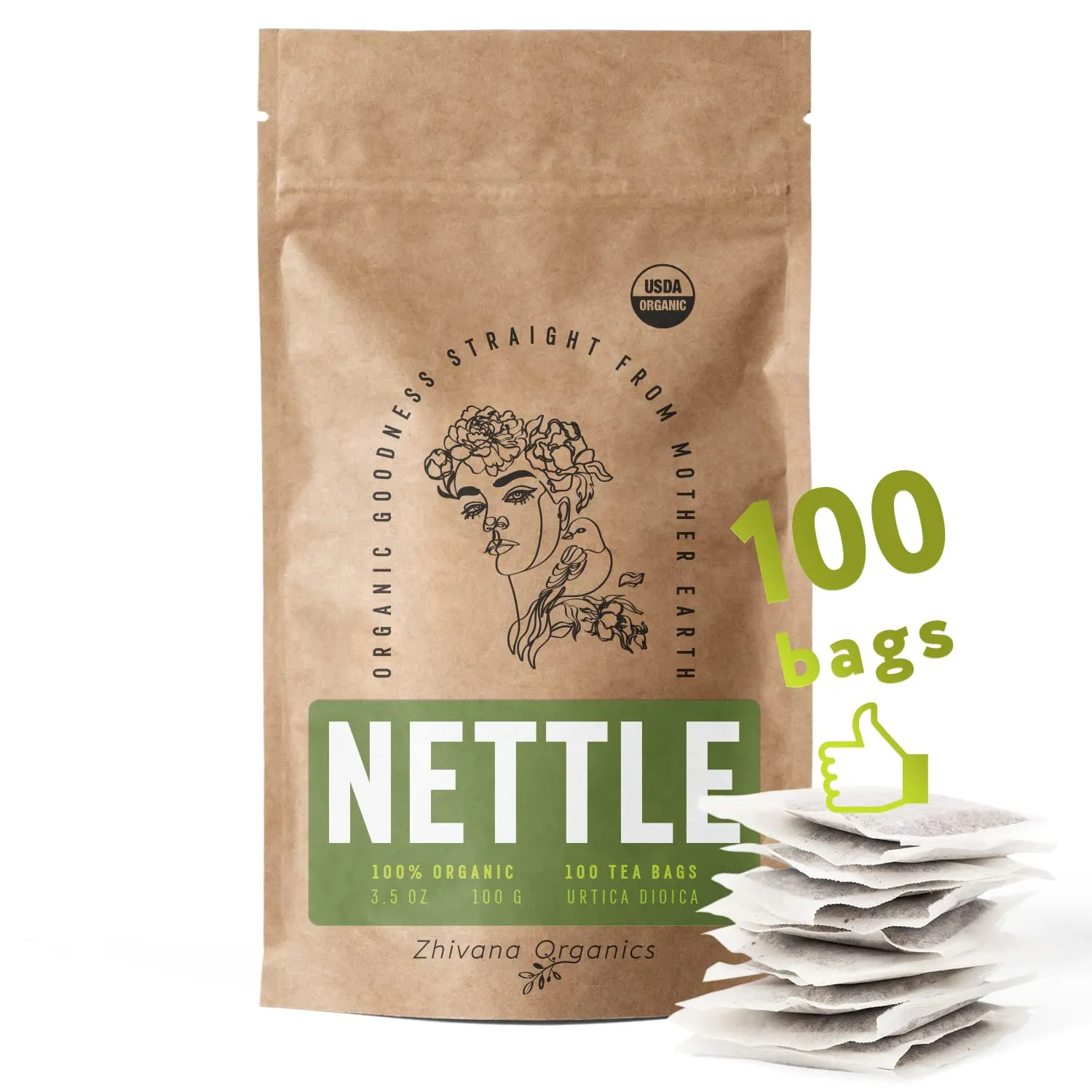 Stinging Nettle Tea Organic (100 Tea Bags) - Stinging Nettle Leaf, Ortiga Verde Organica, Urtica Tea