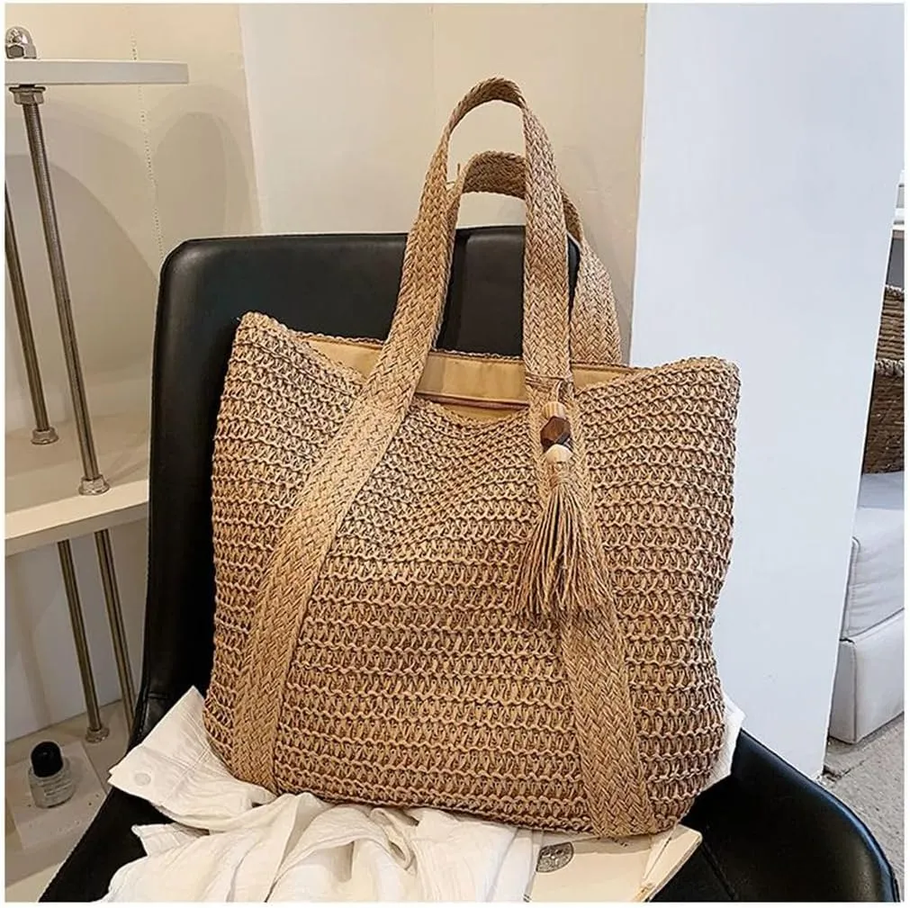 Straw Shoulder Bags for Women, Summer Beach Straw Woven Handbag with Tassel, Womens Handmade Tote Bag Purse