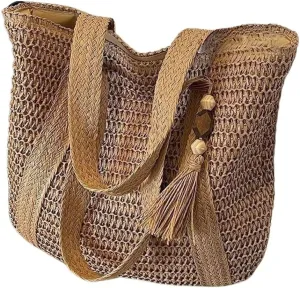 Straw Shoulder Bags for Women, Summer Beach Straw Woven Handbag with Tassel, Womens Handmade Tote Bag Purse
