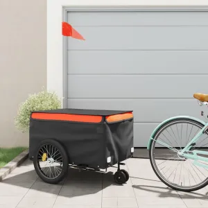 Sturdy Bike Trailer for Heavy Goods Transport with Safety Flag, Iron and Fabric Construction, Black and Orange