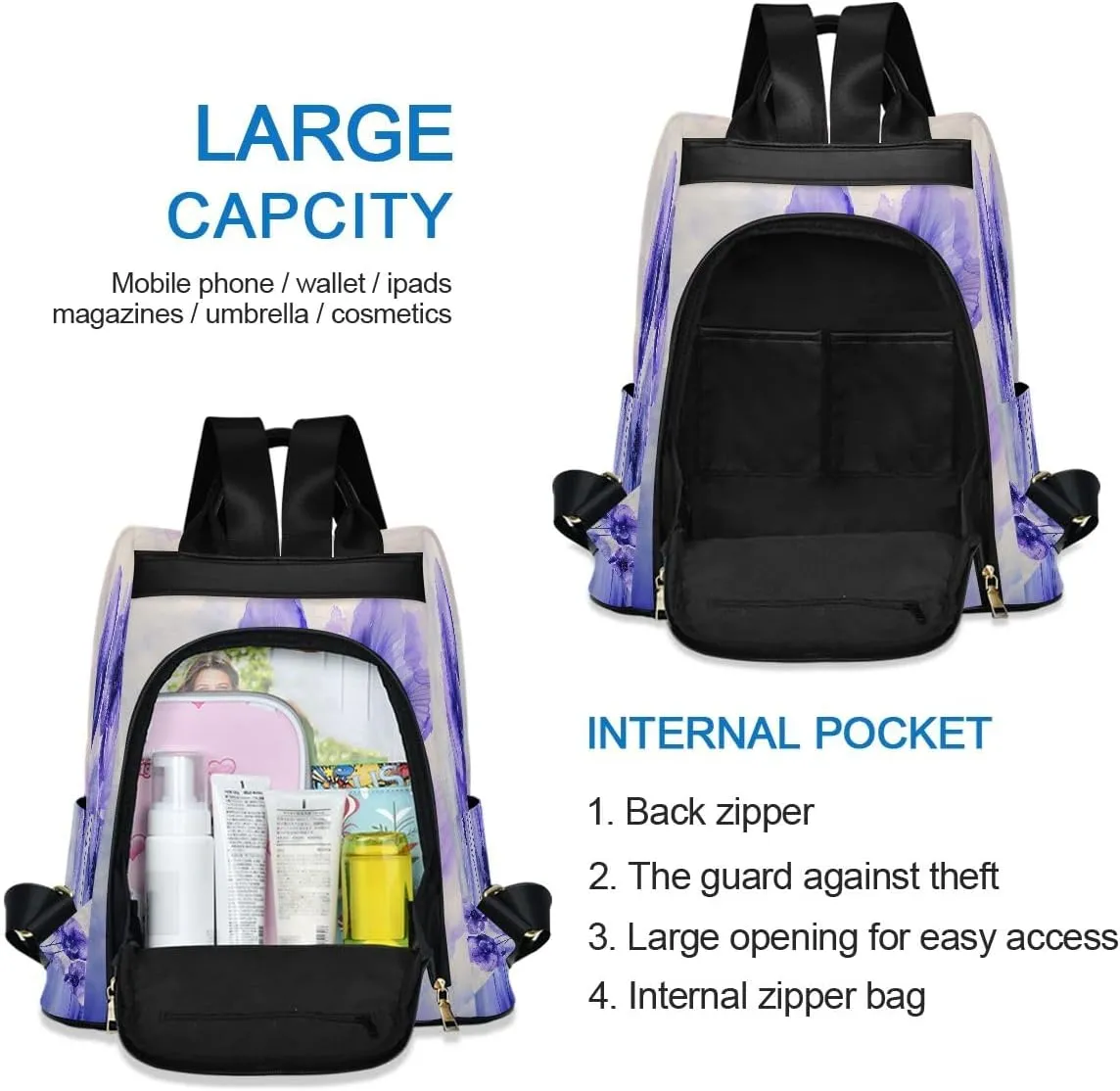 SUABO Purple and Blue Flowers Women Backpack Purse Anti-theft Casual Shoulder Bag Fashion Ladies Bags