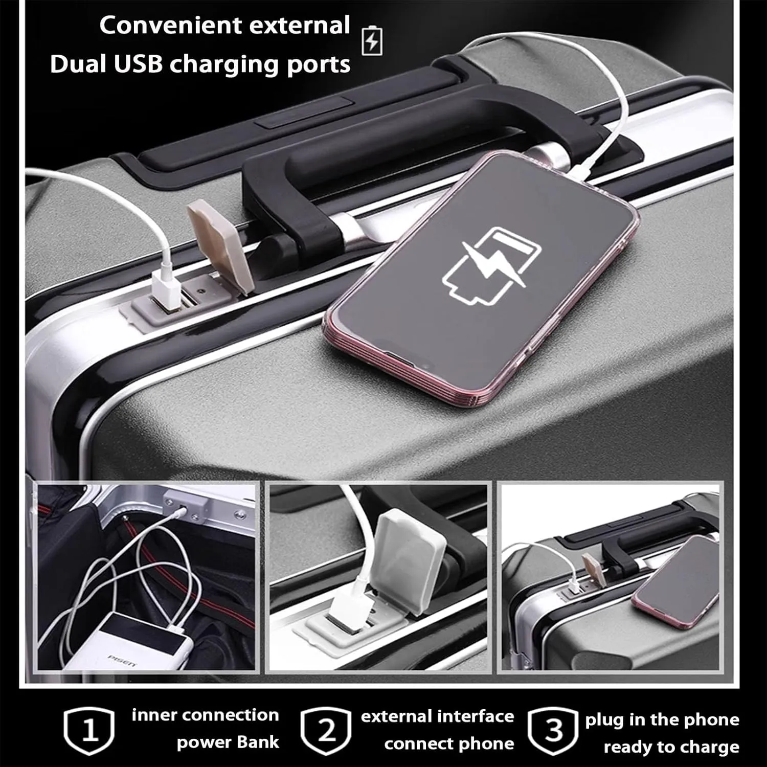 Suitcase Luggage with Spinner Wheels, Aluminum Frame Trolley Case, Dual Charging Ports, Combination Lock, 20in/22in/24in/26in Carry On,Black-20 in (Black 24 in)