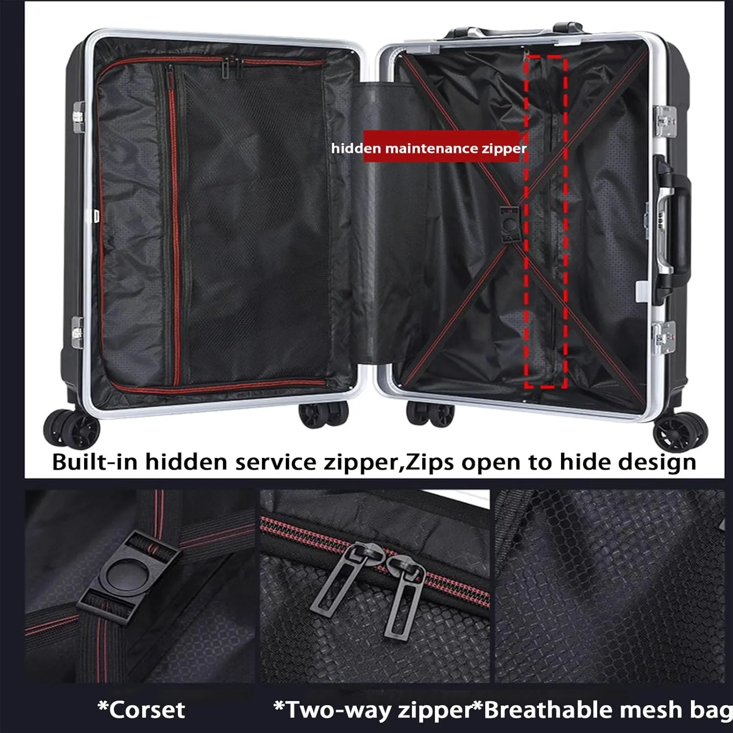 Suitcase Luggage with Spinner Wheels, Aluminum Frame Trolley Case, Dual Charging Ports, Combination Lock, 20in/22in/24in/26in Carry On,Black-20 in (Gold 24 in)