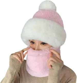 SUKIYAKI Womens Winter Fleece Warm Hat with Faux Fur Pom Cycling Windproof Scarf Hat Ski Cap, Scarf Hat Mask Integrated Hat