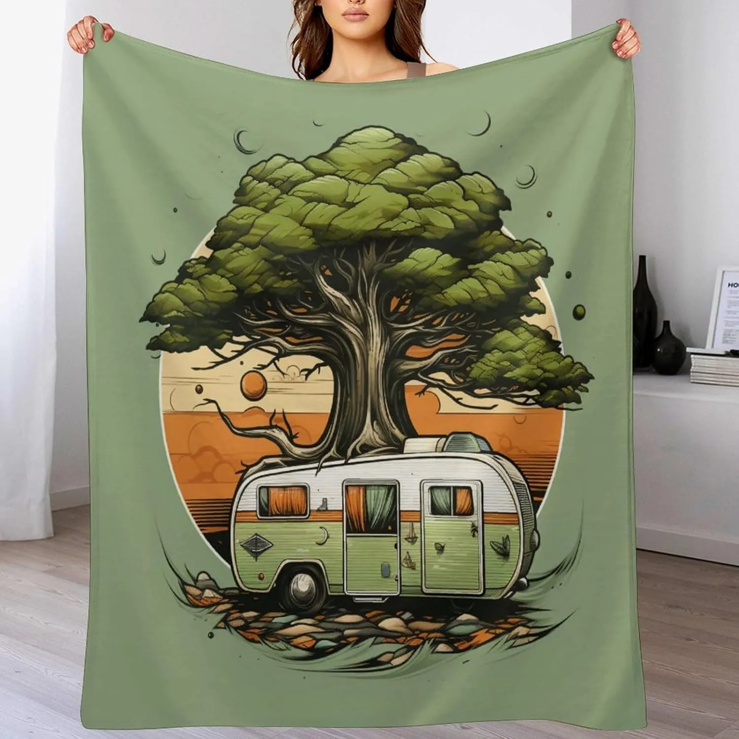 Summer Throw Blanket Camper Morden Trailer Travel with Tree Lightweight Super Soft Cozy Luxury Bed Blanket Microfiber Rustic Funny Cute Cartoon Drawing Travel Trailer Camper Blanket 40"x50"