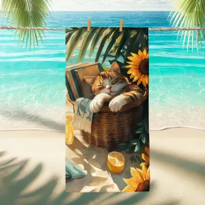 Sunflower Cat Microfiber Beach Towel Cozy Animal Painting, Quick Dry Absorbent Sand Free Lightweight Blanket, Perfect for Travel Pool Camping Picnic Essentials 62x31 Inch