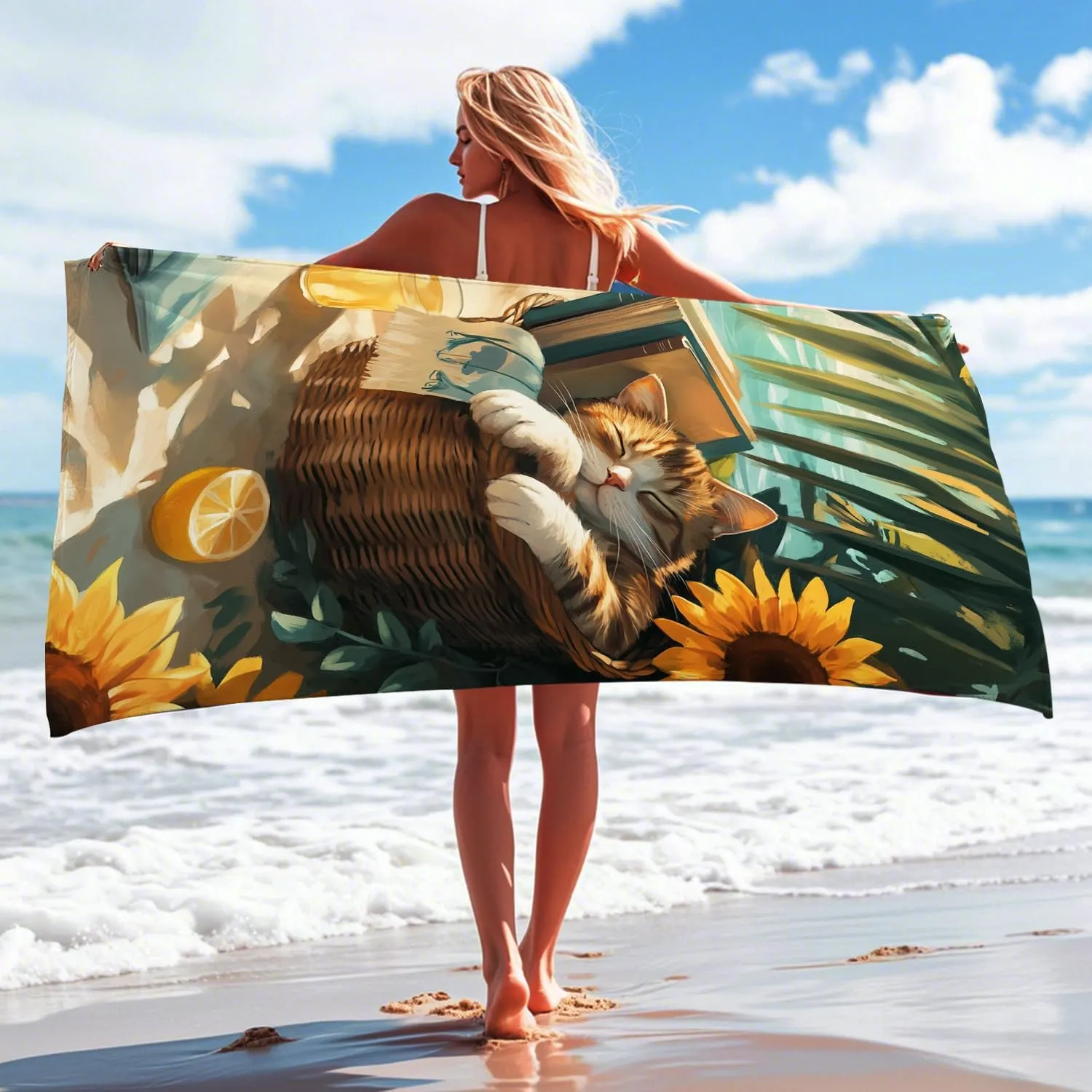 Sunflower Cat Microfiber Beach Towel Cozy Animal Painting, Quick Dry Absorbent Sand Free Lightweight Blanket, Perfect for Travel Pool Camping Picnic Essentials 62x31 Inch