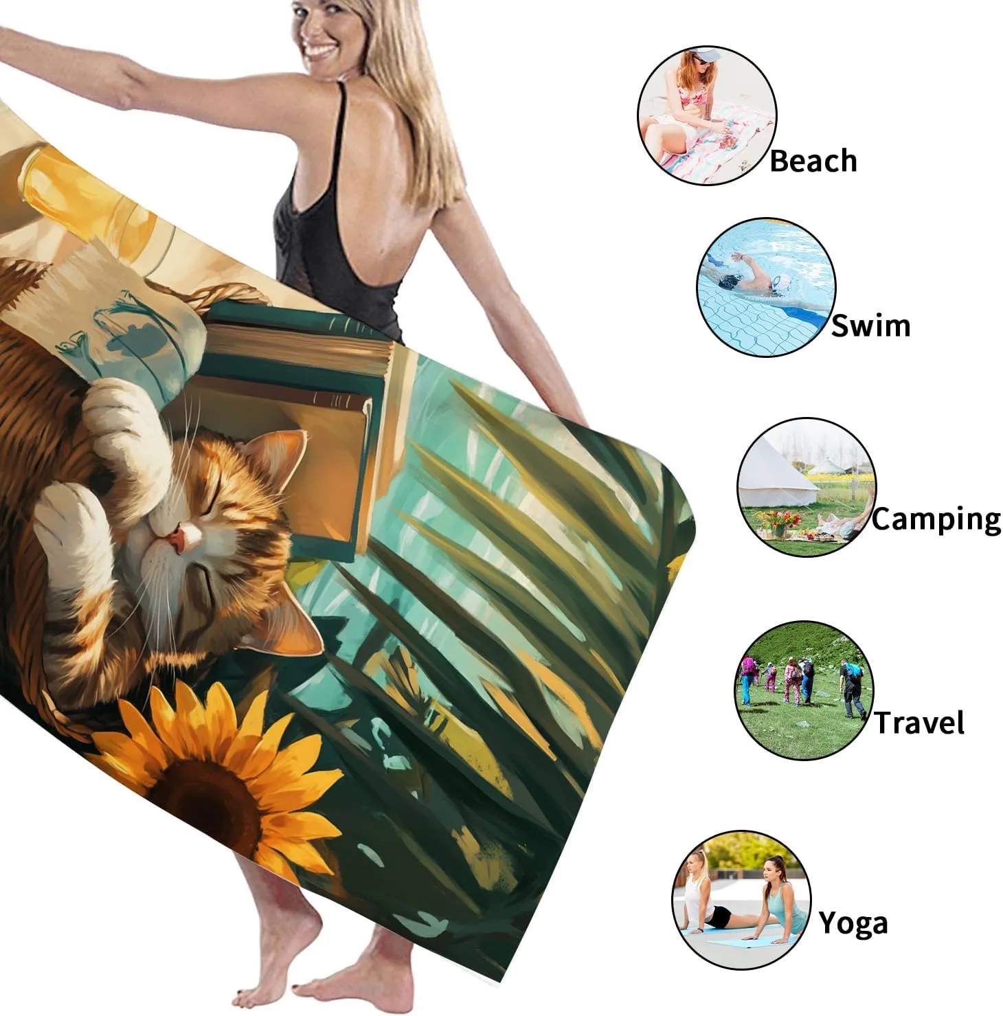 Sunflower Cat Microfiber Beach Towel Cozy Animal Painting, Quick Dry Absorbent Sand Free Lightweight Blanket, Perfect for Travel Pool Camping Picnic Essentials 62x31 Inch