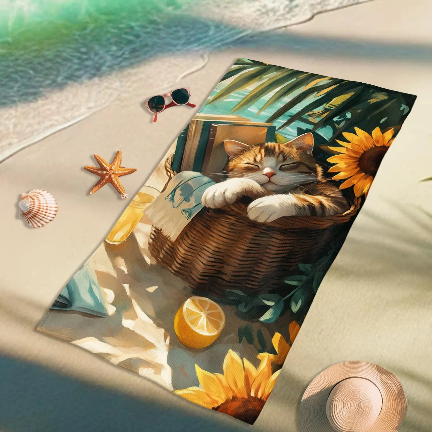Sunflower Cat Microfiber Beach Towel Cozy Animal Painting, Quick Dry Absorbent Sand Free Lightweight Blanket, Perfect for Travel Pool Camping Picnic Essentials 62x31 Inch