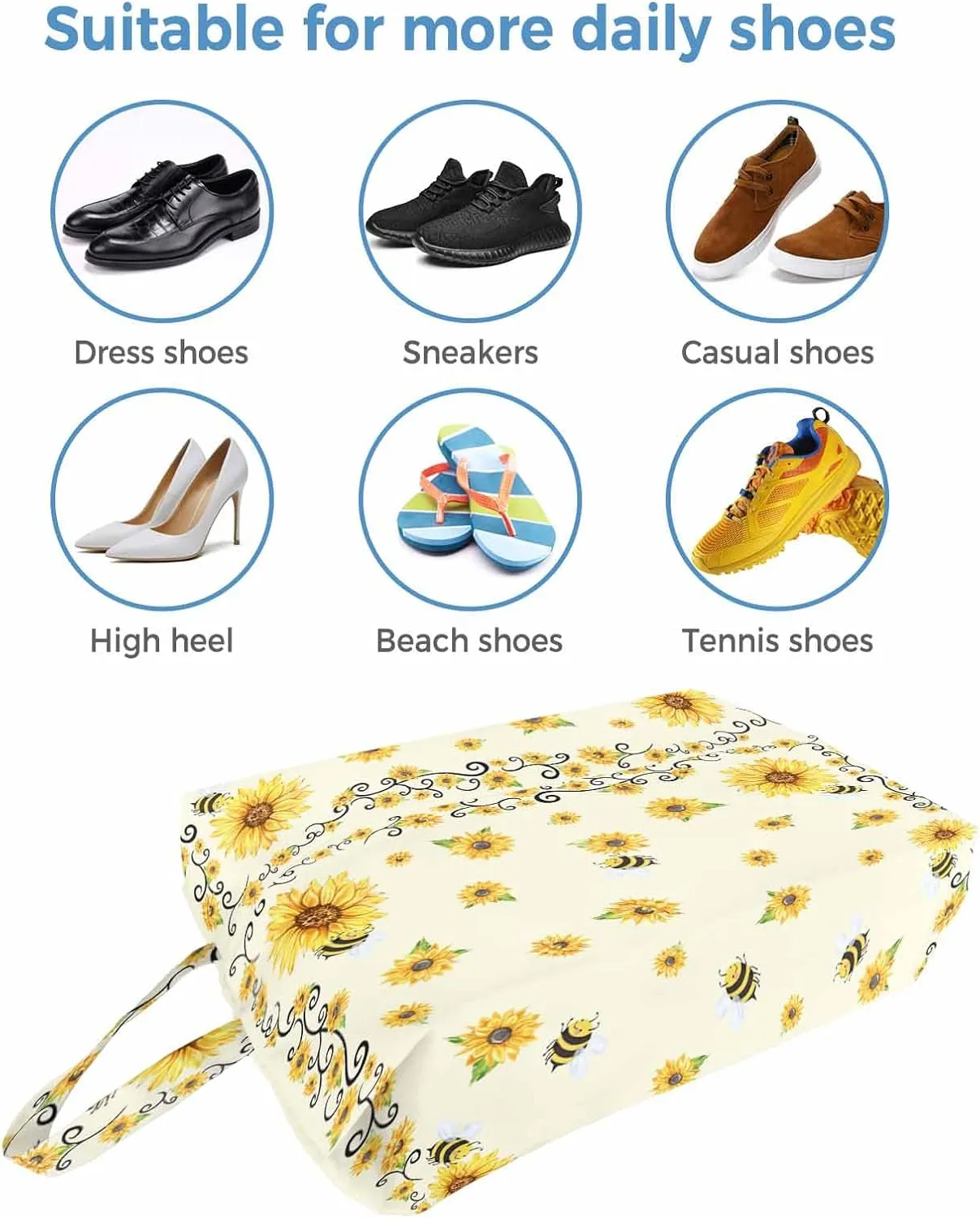 Sunflower Shoe Bags - Large Travel Golf Shoes Pouch Bags Storage Organizer Accessories with Zipper & Handle for Men,Women,Kids,Traveling,Gym,Sport,Yellow Bee Floral Spring Summer Country Pastoral