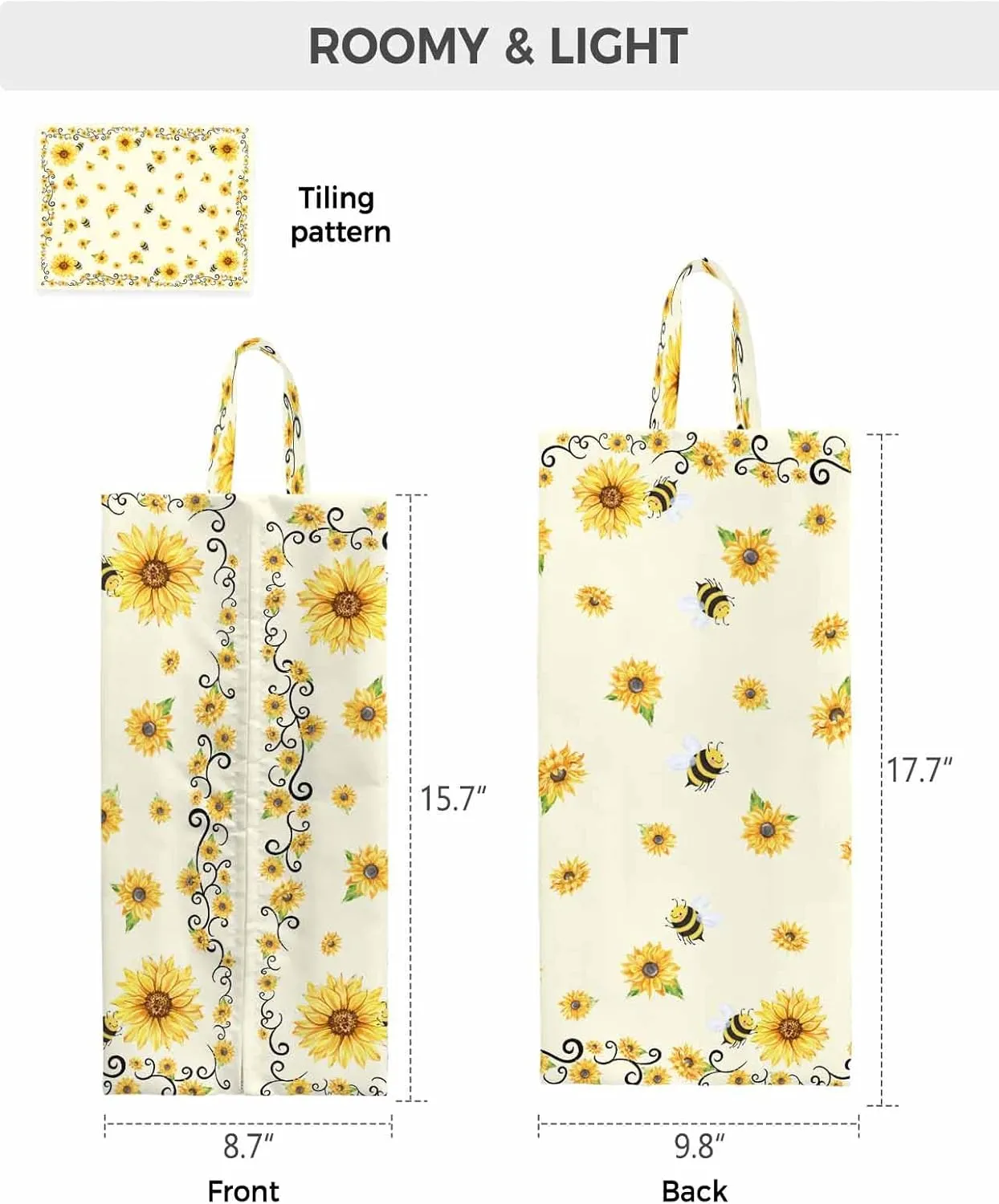 Sunflower Shoe Bags - Large Travel Golf Shoes Pouch Bags Storage Organizer Accessories with Zipper & Handle for Men,Women,Kids,Traveling,Gym,Sport,Yellow Bee Floral Spring Summer Country Pastoral
