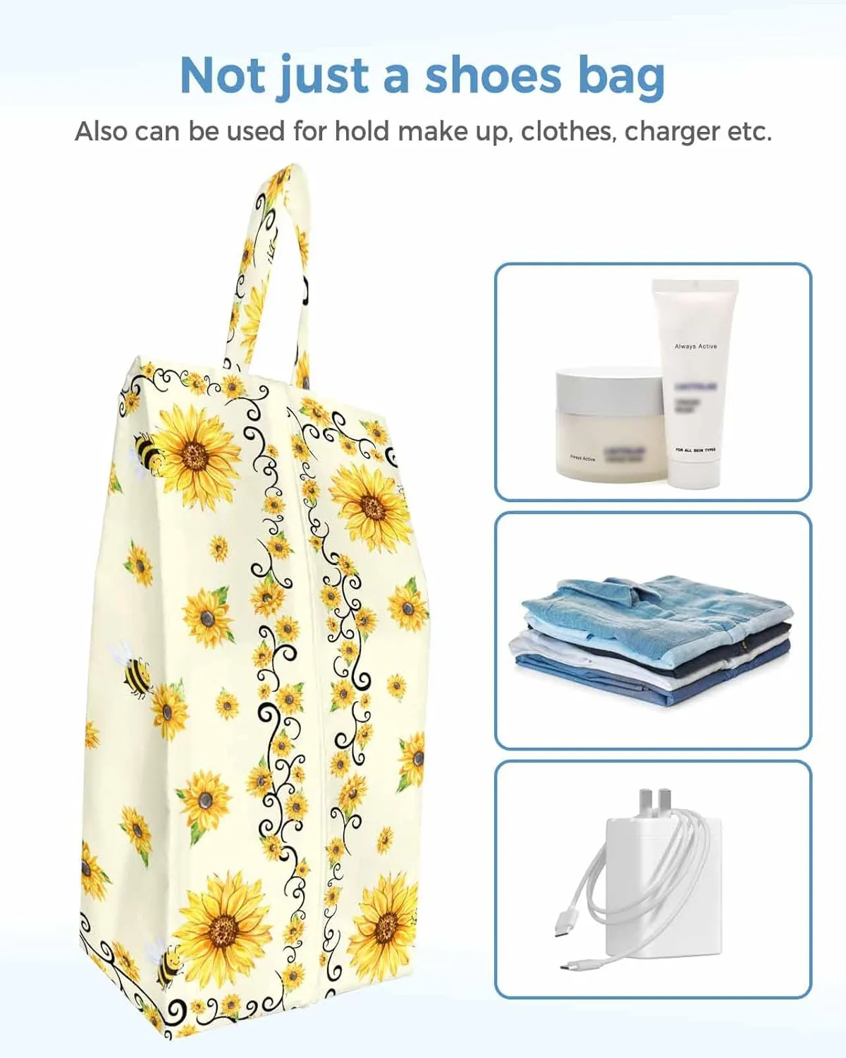 Sunflower Shoe Bags - Large Travel Golf Shoes Pouch Bags Storage Organizer Accessories with Zipper & Handle for Men,Women,Kids,Traveling,Gym,Sport,Yellow Bee Floral Spring Summer Country Pastoral