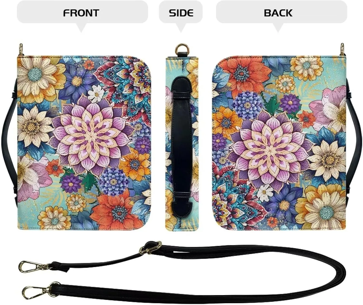 Suobstales Boho Mandala Flower Pattern Bible Cover for Women Men Book Cover PU Leather Bible Case Church Bag with Handle Multifunctional Bible Study Tools Christian Tote Bags with Shoulder Strap, L