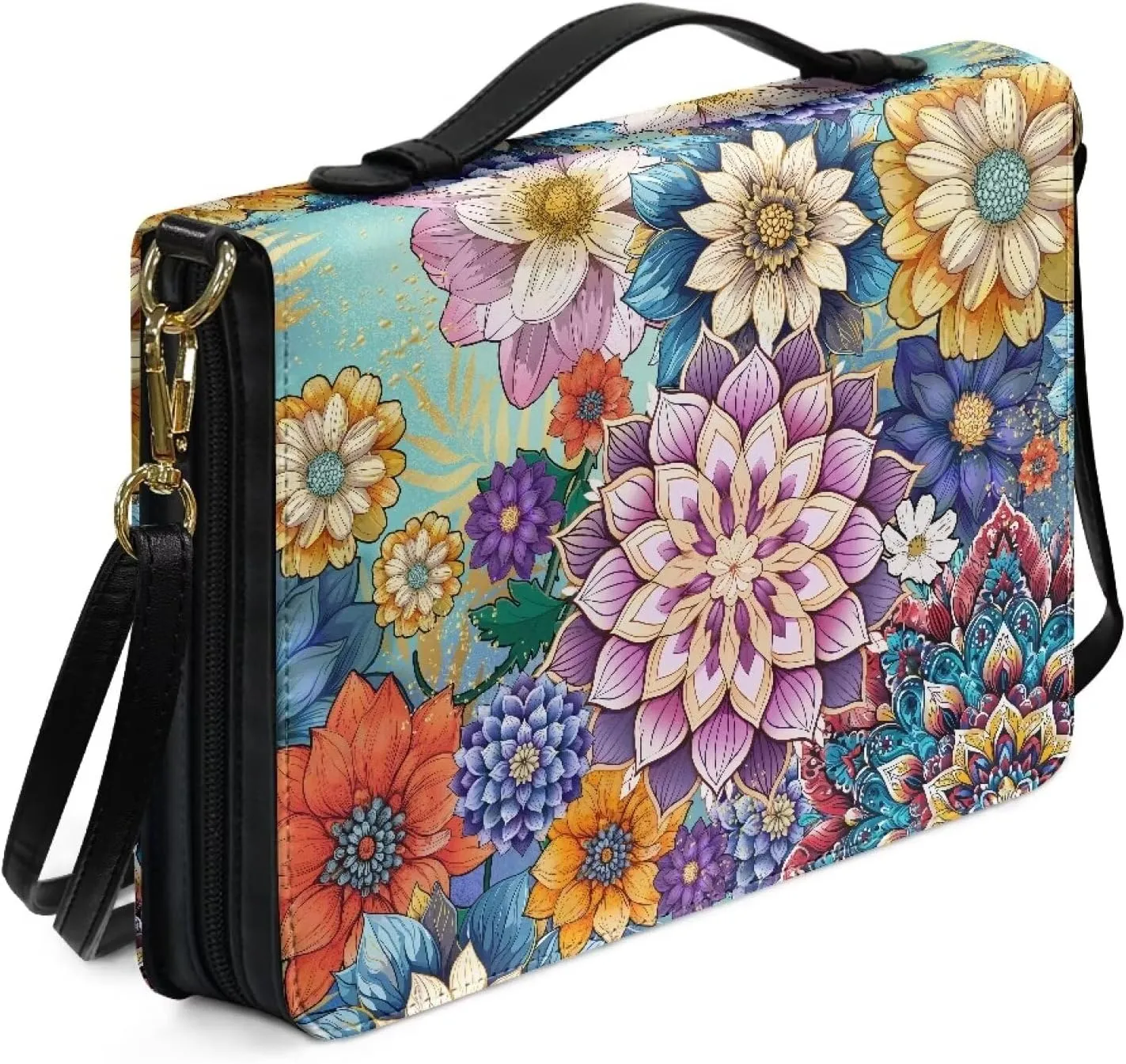 Suobstales Boho Mandala Flower Pattern Bible Cover for Women Men Book Cover PU Leather Bible Case Church Bag with Handle Multifunctional Bible Study Tools Christian Tote Bags with Shoulder Strap, L