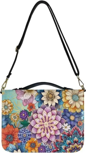 Suobstales Boho Mandala Flower Pattern Bible Cover for Women Men Book Cover PU Leather Bible Case Church Bag with Handle Multifunctional Bible Study Tools Christian Tote Bags with Shoulder Strap, L
