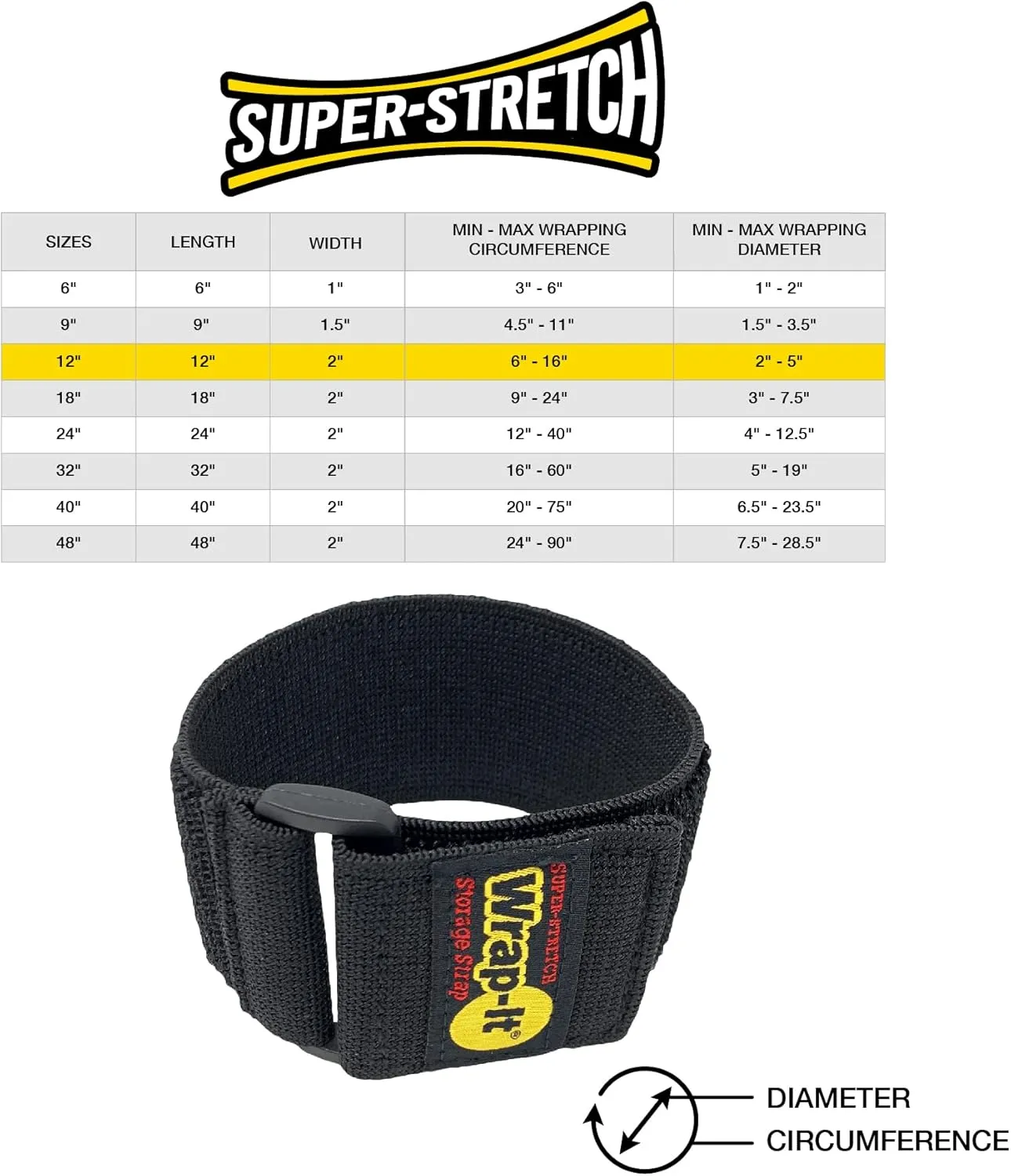 Super-Stretch Wrap-It Storage Straps - 12" (8 Pack) - Elastic Hook and Loop Cinch Straps