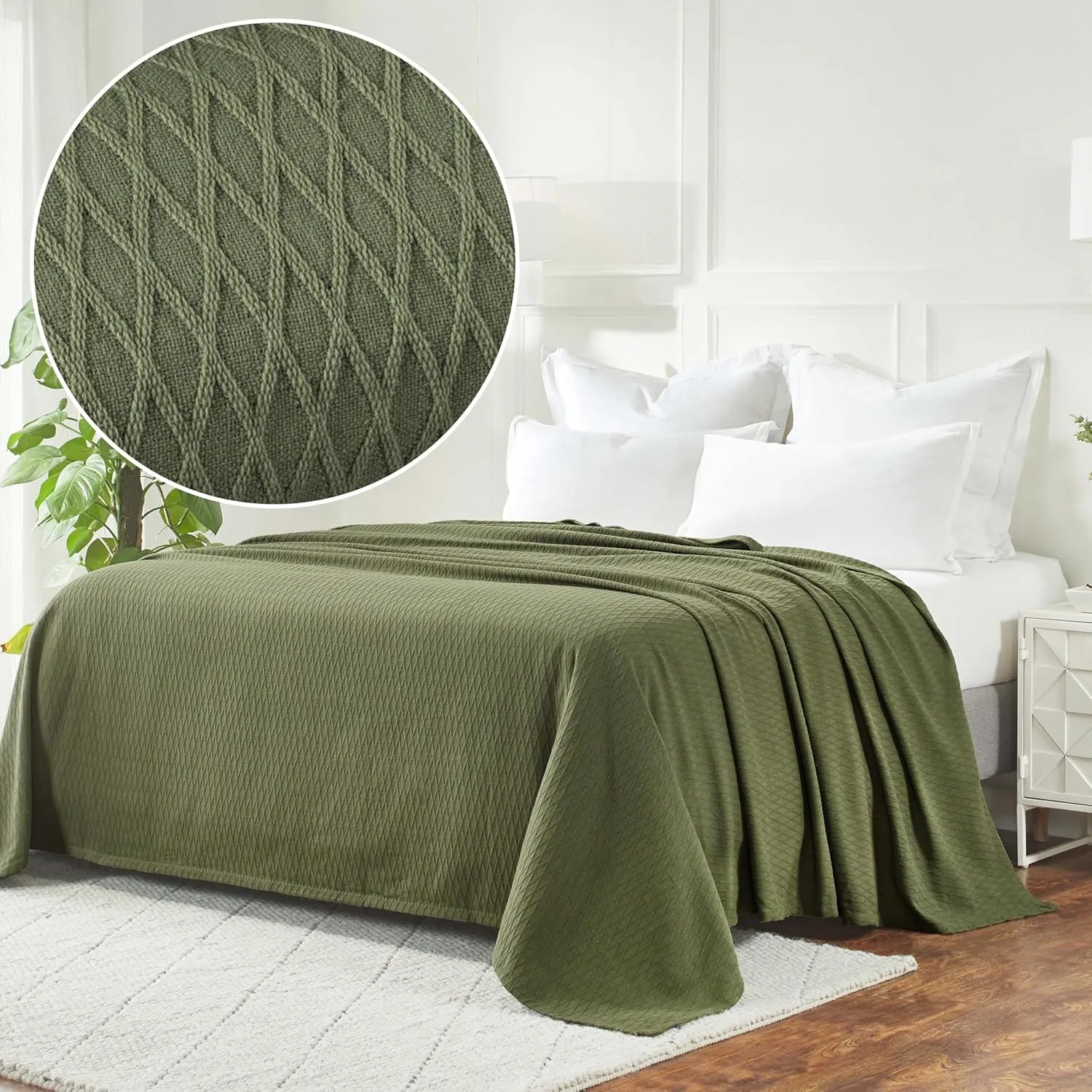 Superior 100% Cotton Diamond Weave Blanket, for Bedroom, Living Room, Couch, Picnics, Travel, Beach, or Camping, Comfy Blanket, Bedroom Decor, Essentials, Cover for Bed, Full/Queen, Forest Green