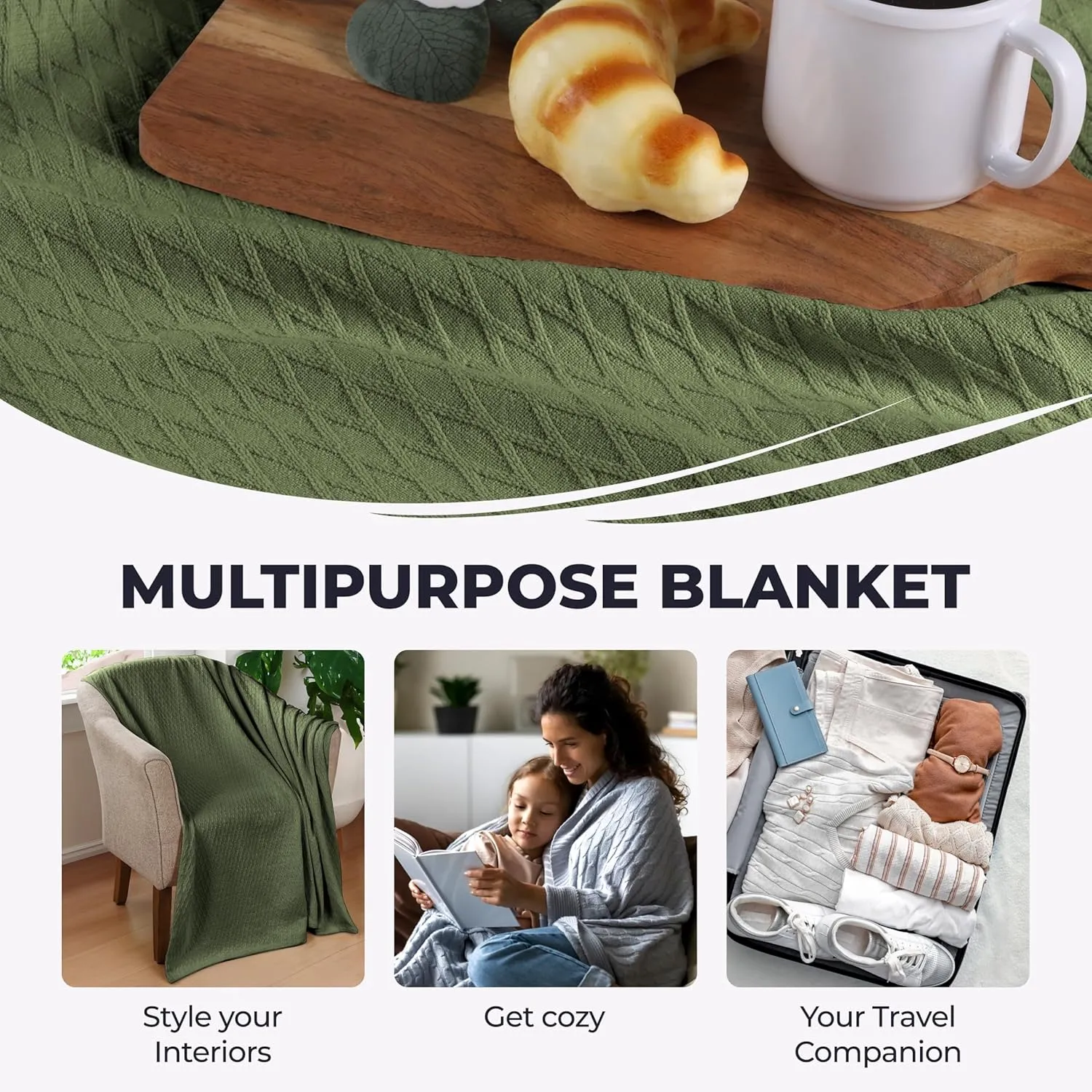 Superior 100% Cotton Diamond Weave Blanket, for Bedroom, Living Room, Couch, Picnics, Travel, Beach, or Camping, Comfy Blanket, Bedroom Decor, Essentials, Cover for Bed, Full/Queen, Forest Green