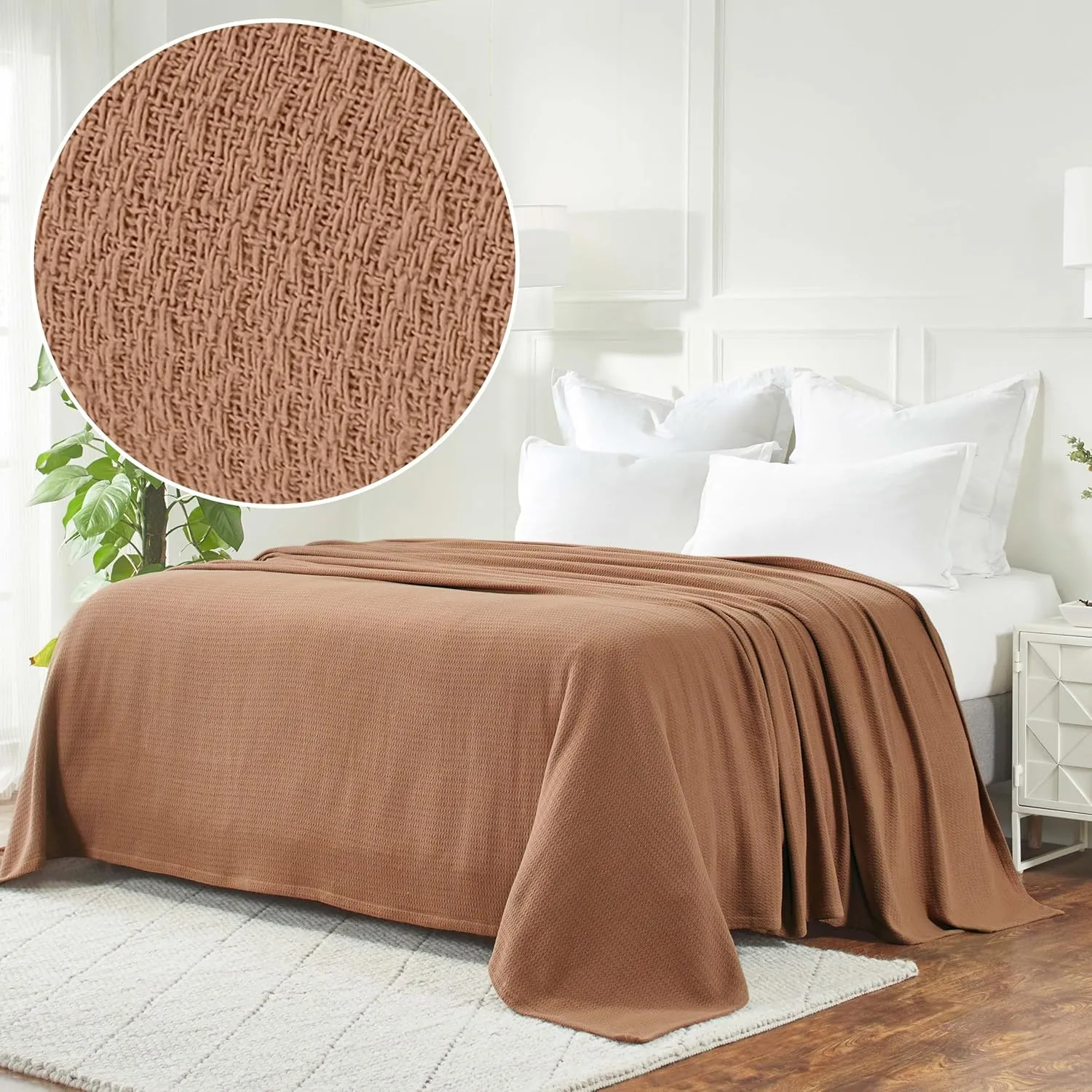 Superior Waffle Weave Cotton Blanket, Perfect for Bedroom, Living Room, Couch, Picnics, Travel, Beach, or Camping, Comfy Blanket, Bedroom Decor, Essentials, Honeycomb Knit, Full/Queen, Camel