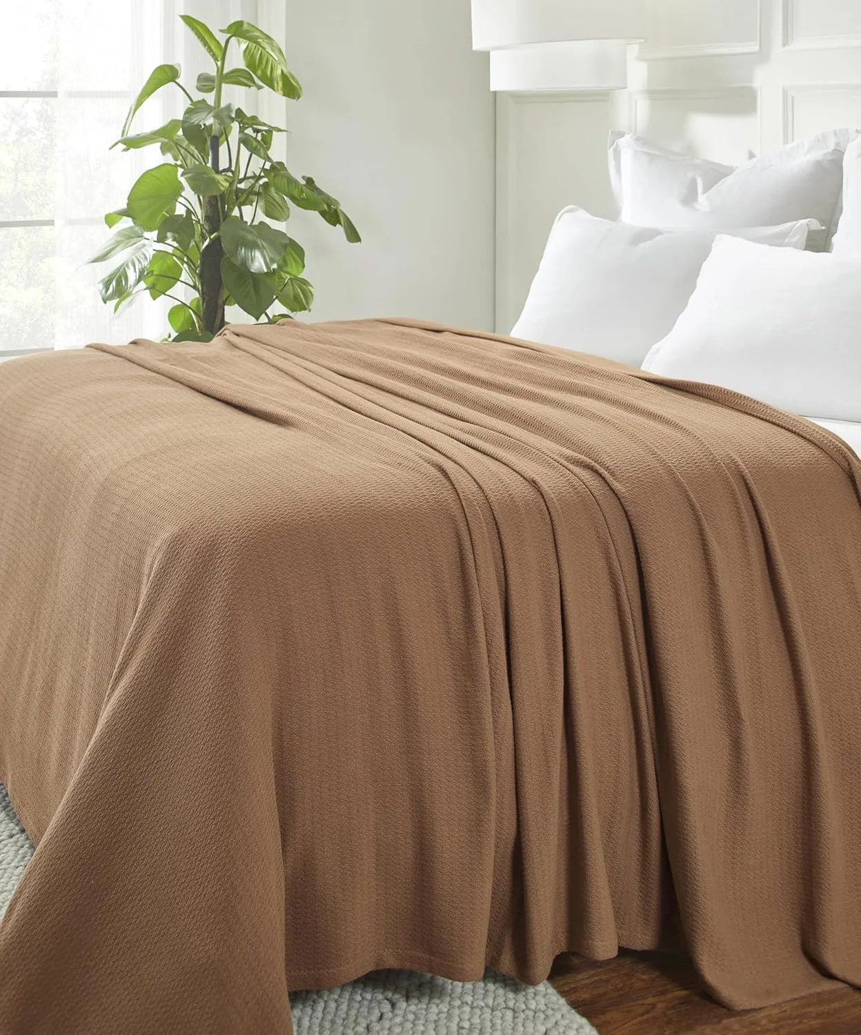 Superior Waffle Weave Cotton Blanket, Perfect for Bedroom, Living Room, Couch, Picnics, Travel, Beach, or Camping, Comfy Blanket, Bedroom Decor, Essentials, Honeycomb Knit, Full/Queen, Camel