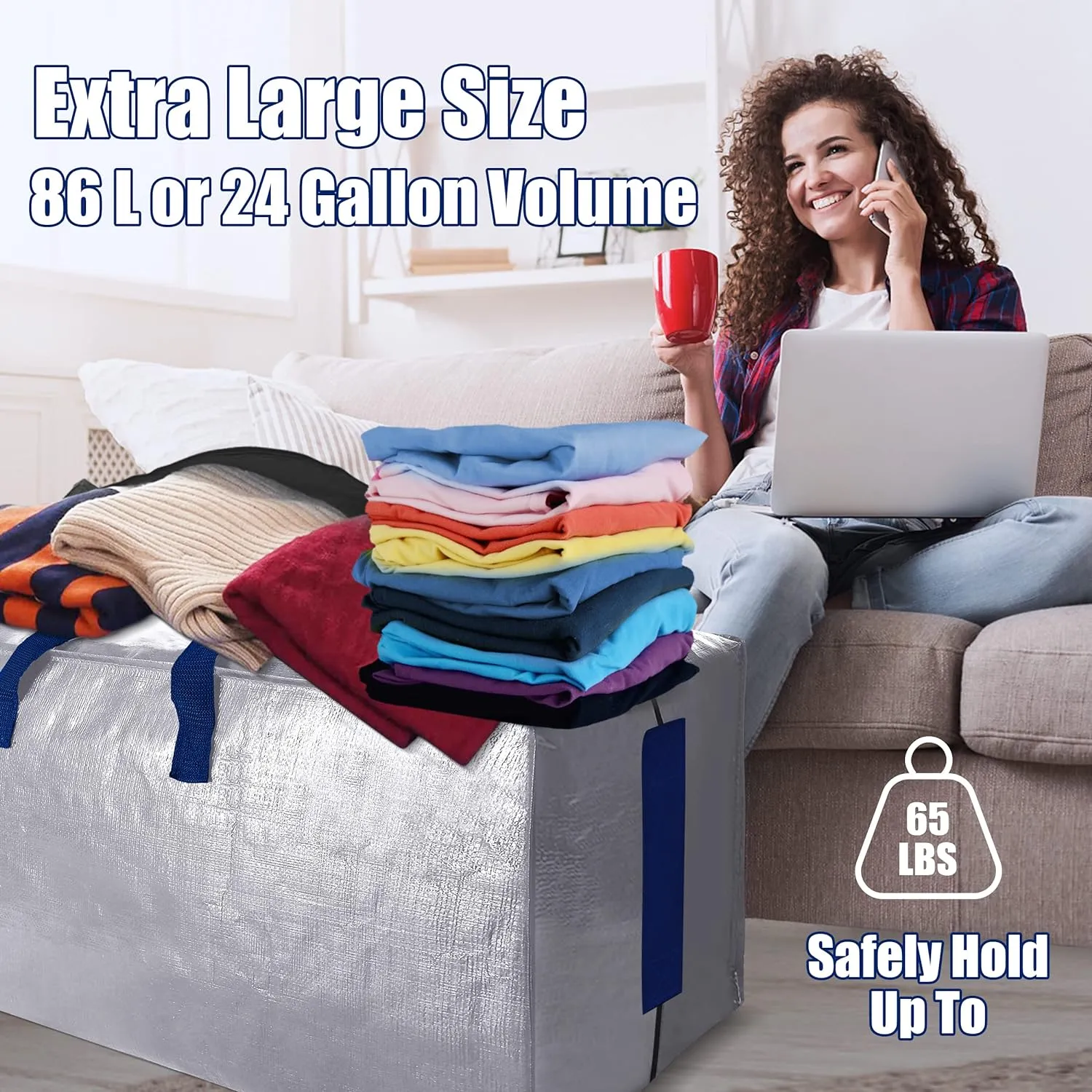 SWEET DOLPHIN 6 Pack Extra Large Moving Bags with Strong Zippers & Carrying Handles, Heavy Duty Storage Tote for Space Saving Moving Storage, Fold Flat, Alternative to Moving Box (Silver)