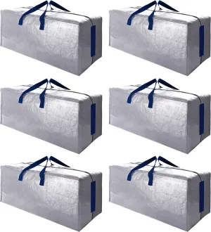 SWEET DOLPHIN 6 Pack Extra Large Moving Bags with Strong Zippers & Carrying Handles, Heavy Duty Storage Tote for Space Saving Moving Storage, Fold Flat, Alternative to Moving Box (Silver)