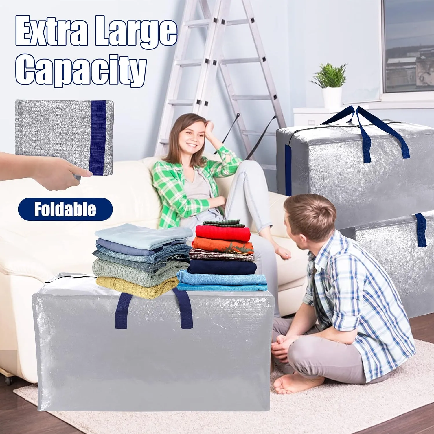SWEET DOLPHIN 6 Pack Extra Large Moving Bags with Strong Zippers & Carrying Handles, Heavy Duty Storage Tote for Space Saving Moving Storage, Fold Flat, Alternative to Moving Box (Silver)