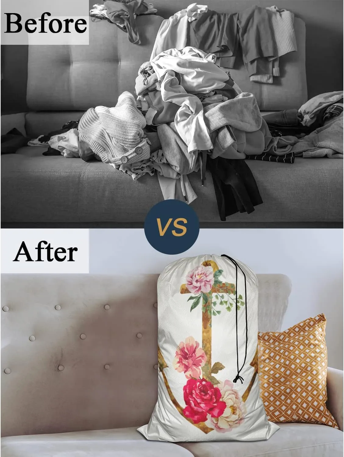 Swono Anchor Extra Large Travel Laundry Bag, Rip-Stop Dirty Clothes Bag with Drawstring, Watercolor Rustic Flower Romantic Heavy Duty Travel Laundry Bag, Large Laundry Hamper Liner