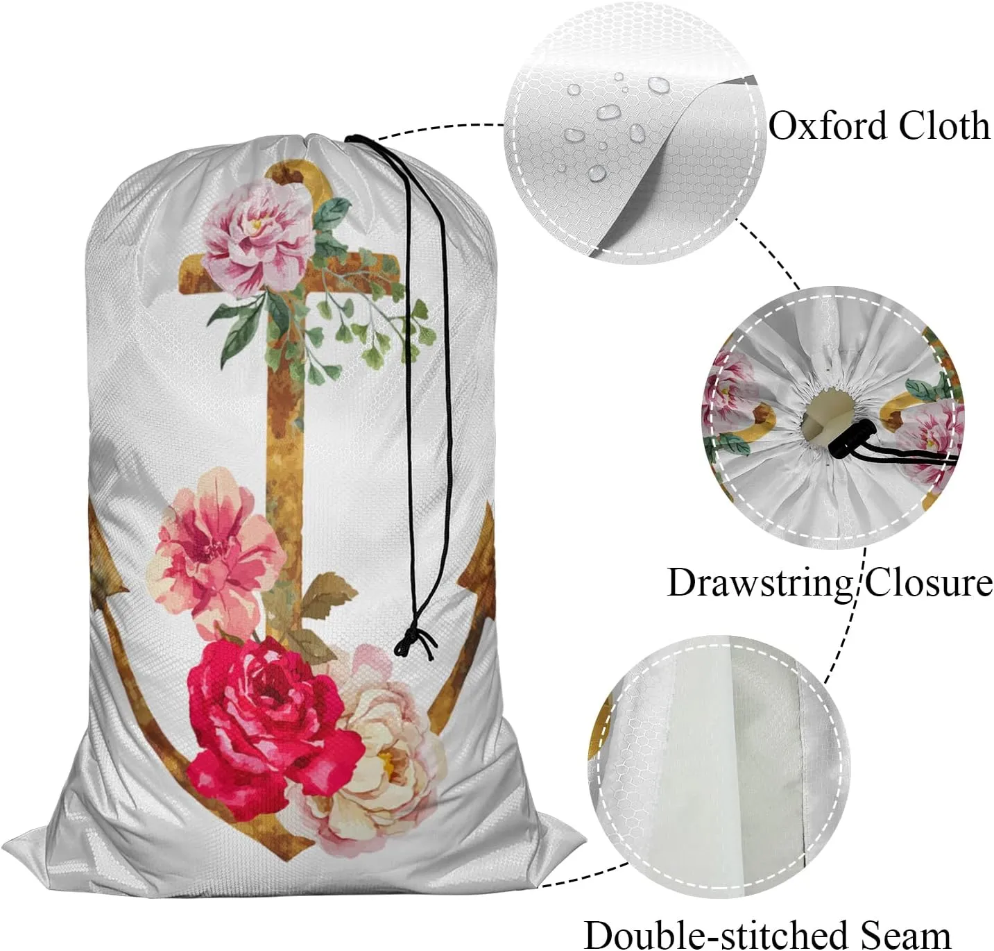 Swono Anchor Extra Large Travel Laundry Bag, Rip-Stop Dirty Clothes Bag with Drawstring, Watercolor Rustic Flower Romantic Heavy Duty Travel Laundry Bag, Large Laundry Hamper Liner