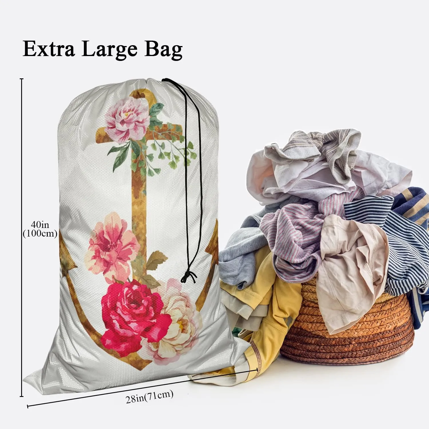 Swono Anchor Extra Large Travel Laundry Bag, Rip-Stop Dirty Clothes Bag with Drawstring, Watercolor Rustic Flower Romantic Heavy Duty Travel Laundry Bag, Large Laundry Hamper Liner