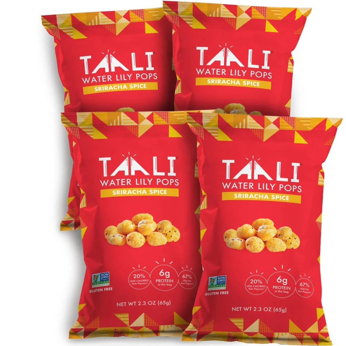 Taali Sriracha Spice Water Lily Pops (4-Pack) - Spicy Roasted Fox Nuts Makhana Snack | Crunchy Indian Healthy Snacks | Protein-rich, Gluten Free, Non GMO | 2.3 oz Multi-Serve Bags