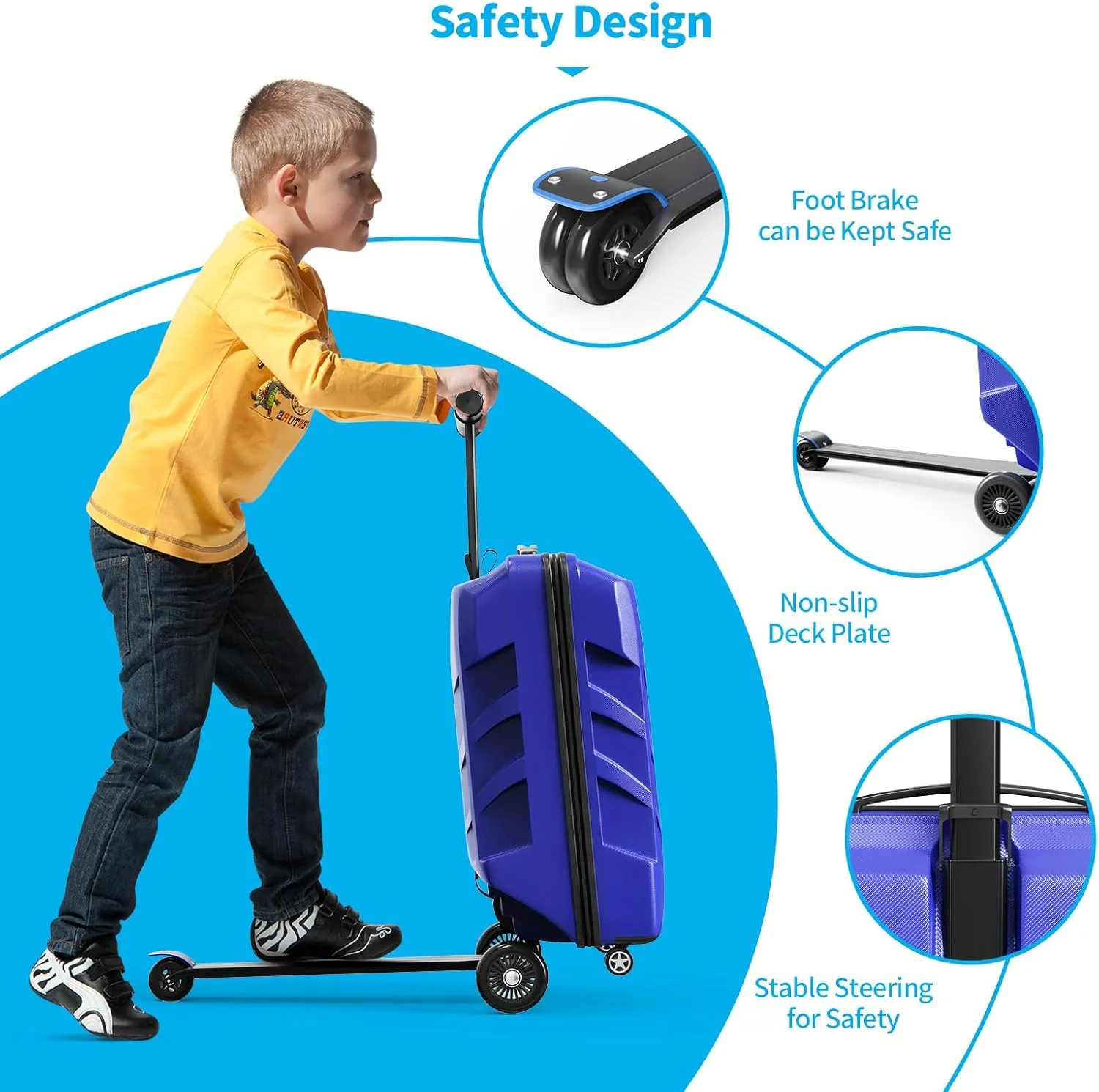 TABU 21" 3-D Hardshell Scooter Suitcase for Kid & Adult, Foldable Carry-on Scooter Luggage with Telescopic Handle, Multifunctional Ride On Lightweight Luggage for Age 4-15, Dark Blue